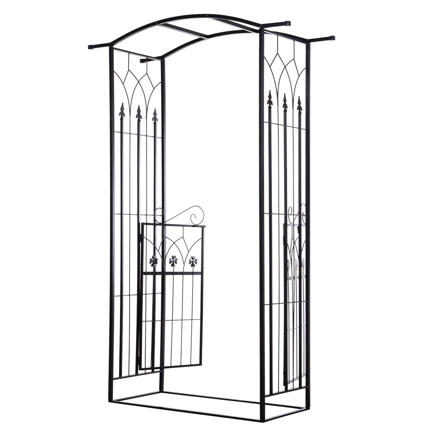7' Metal Garden Arch with Gate, Outdoor Trellis Arbor Backdrop Stand with Lucky Leaf Clover Doors, for Ceremony, Weddings, Party, Garden, Backyard and Lawn, Black