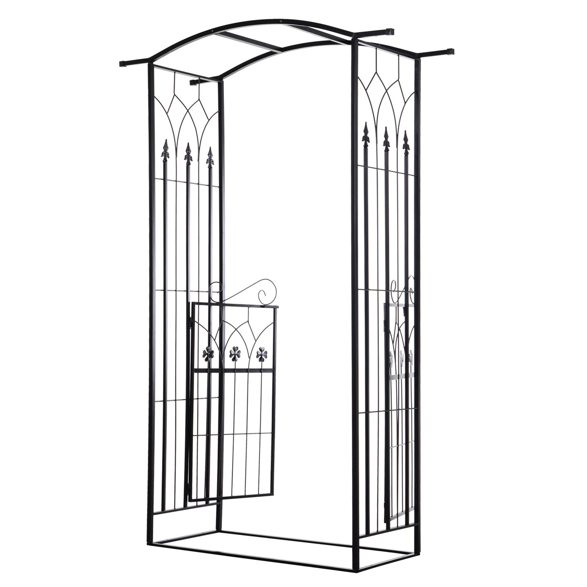 7' Metal Garden Arch with Gate, Outdoor Trellis Arbor Backdrop Stand with Lucky Leaf Clover Doors, for Ceremony, Weddings, Party, Garden, Backyard and Lawn, Black