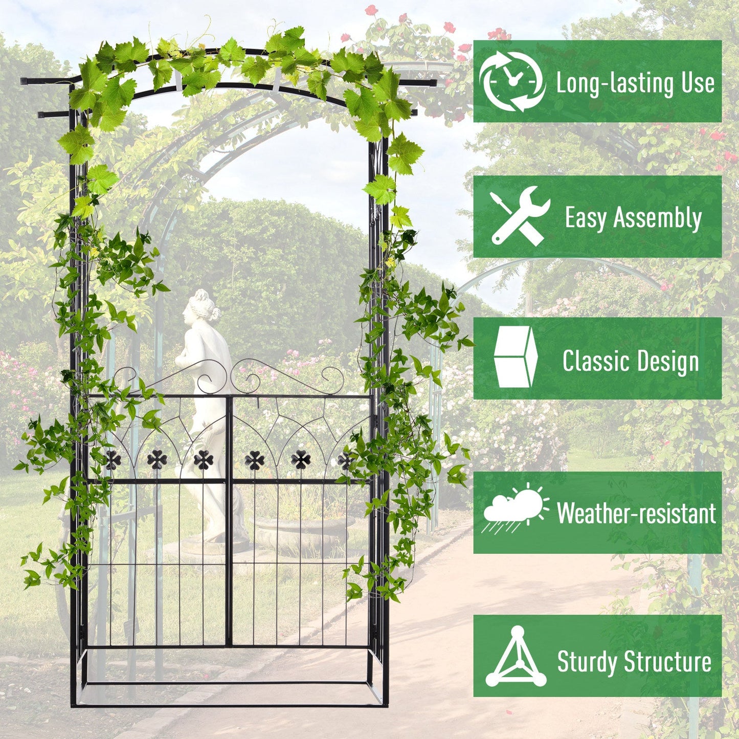7' Metal Garden Arch with Gate, Outdoor Trellis Arbor Backdrop Stand with Lucky Leaf Clover Doors, for Ceremony, Weddings, Party, Garden, Backyard and Lawn, Black