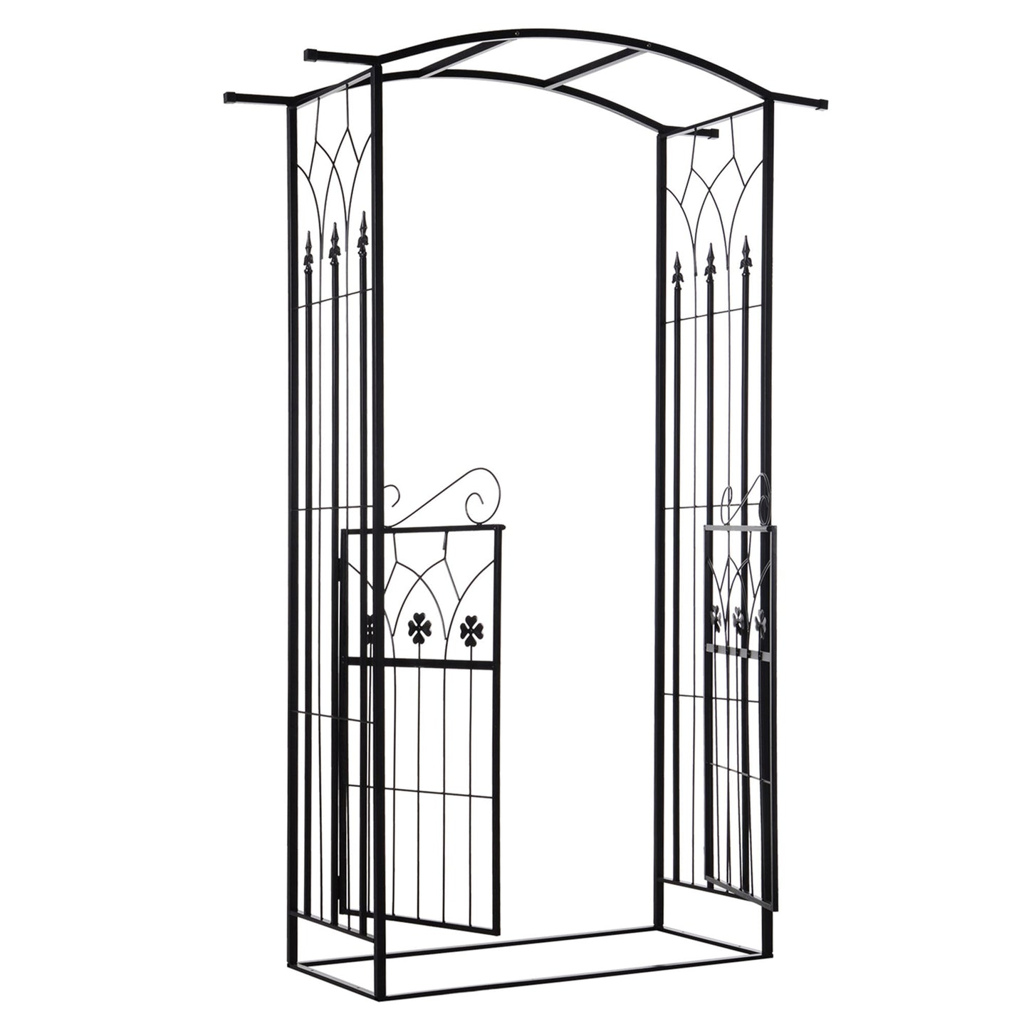 7' Metal Garden Arch with Gate, Outdoor Trellis Arbor Backdrop Stand with Lucky Leaf Clover Doors, for Ceremony, Weddings, Party, Garden, Backyard and Lawn, Black