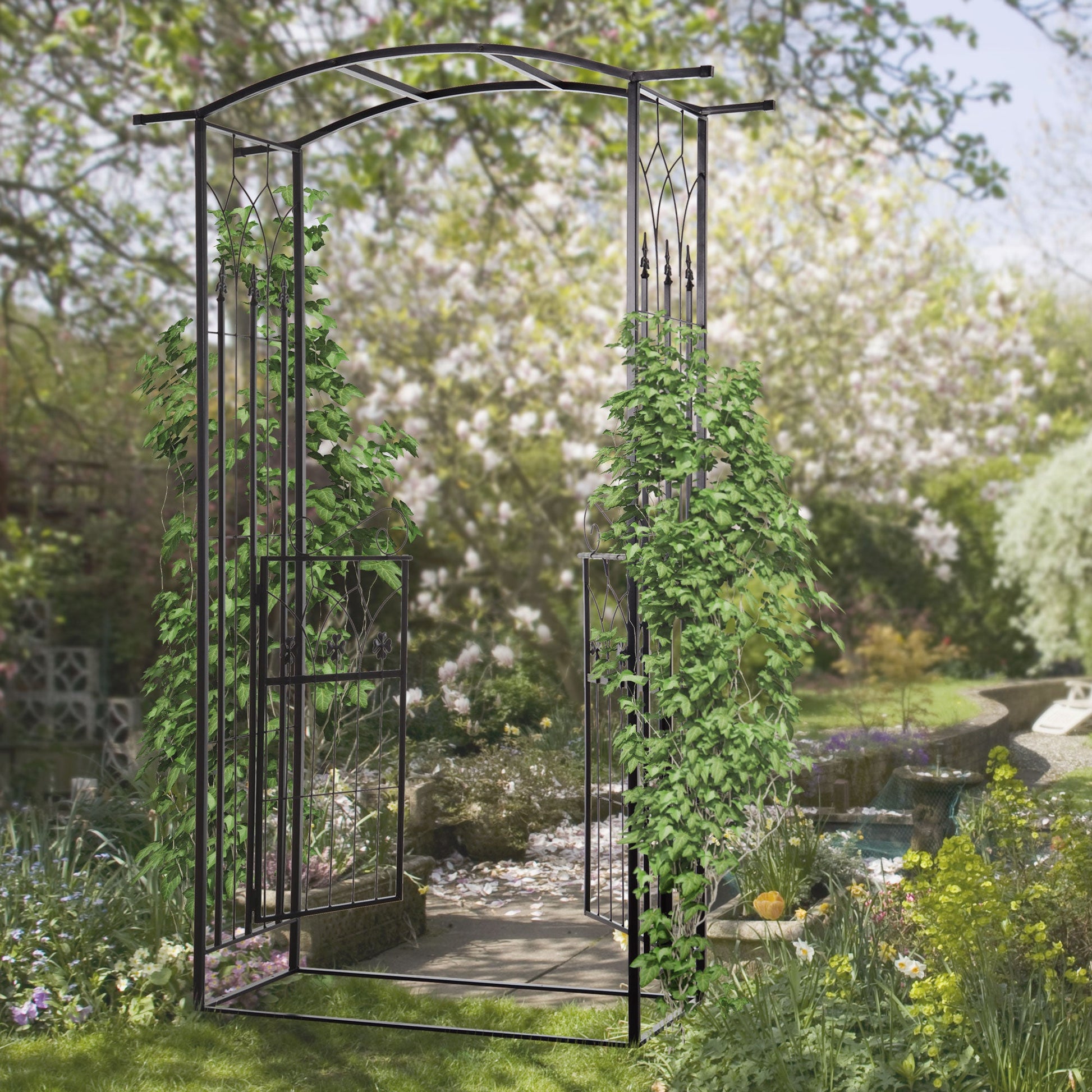 7' Metal Garden Arch with Gate, Outdoor Trellis Arbor Backdrop Stand with Lucky Leaf Clover Doors, for Ceremony, Weddings, Party, Garden, Backyard and Lawn, Black