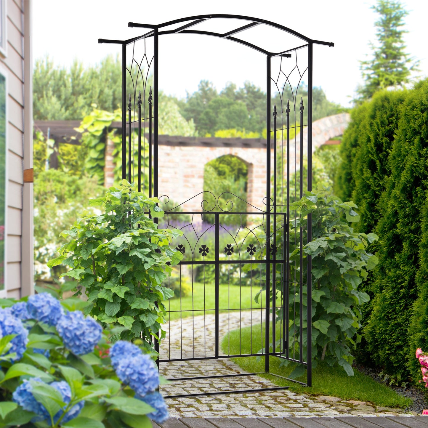7' Metal Garden Arch with Gate, Outdoor Trellis Arbor Backdrop Stand with Lucky Leaf Clover Doors, for Ceremony, Weddings, Party, Garden, Backyard and Lawn, Black