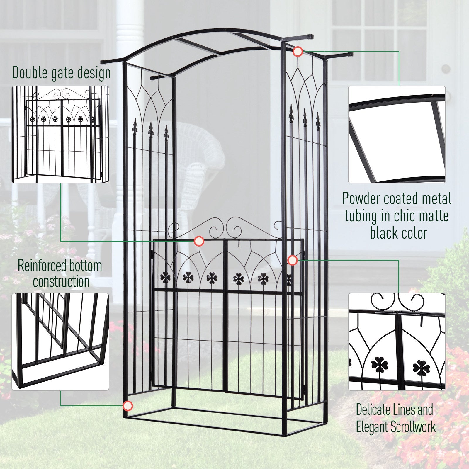 7' Metal Garden Arch with Gate, Outdoor Trellis Arbor Backdrop Stand with Lucky Leaf Clover Doors, for Ceremony, Weddings, Party, Garden, Backyard and Lawn, Black
