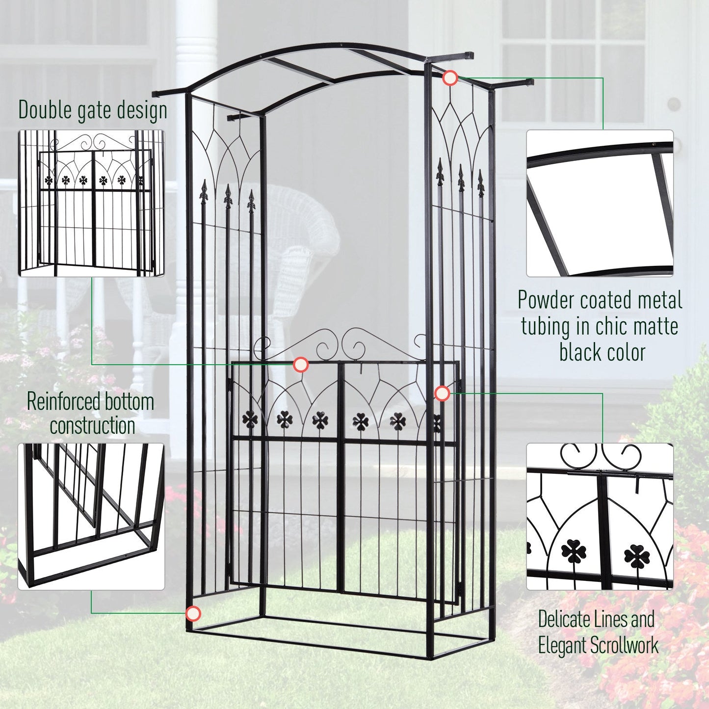 7' Metal Garden Arch with Gate, Outdoor Trellis Arbor Backdrop Stand with Lucky Leaf Clover Doors, for Ceremony, Weddings, Party, Garden, Backyard and Lawn, Black