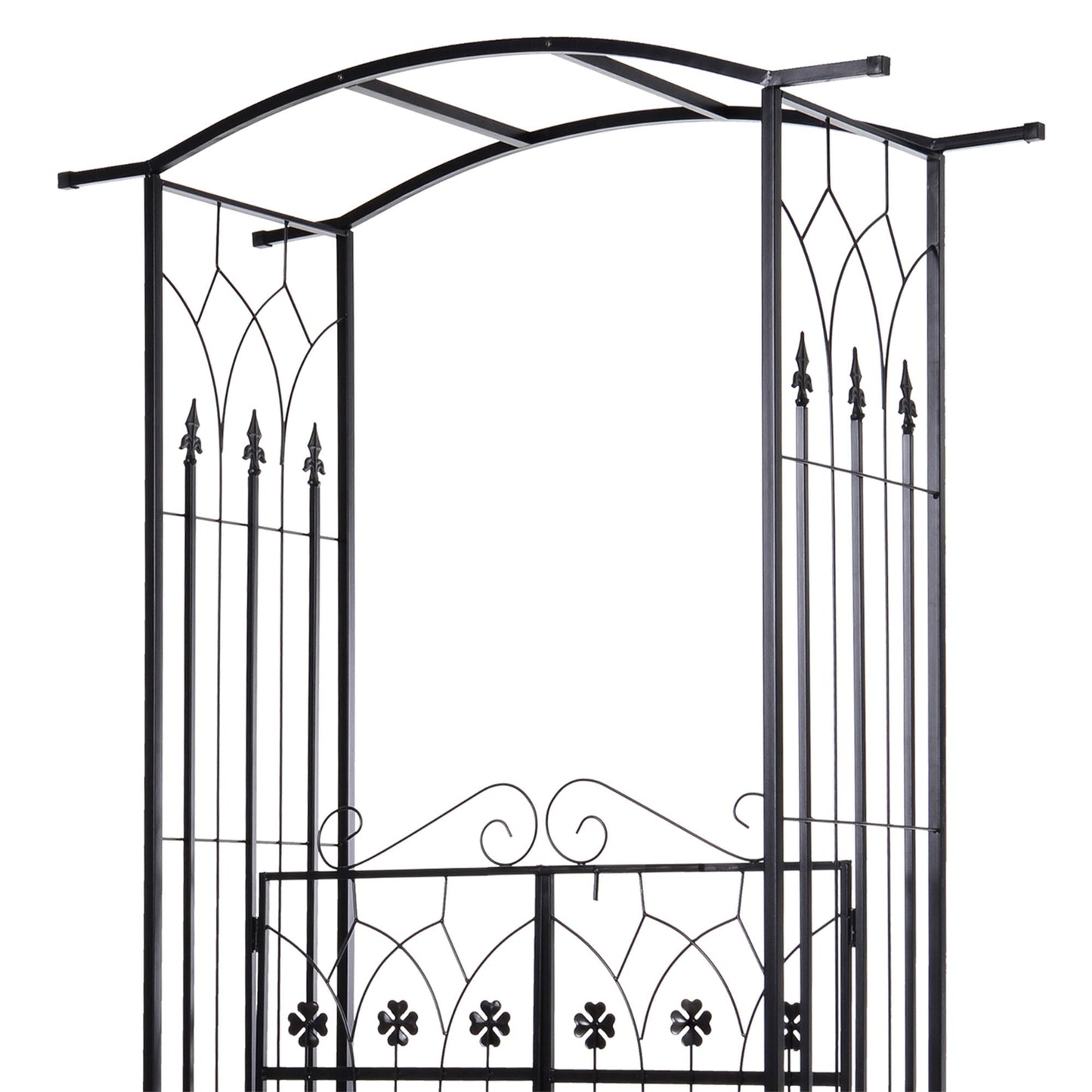 7' Metal Garden Arch with Gate, Outdoor Trellis Arbor Backdrop Stand with Lucky Leaf Clover Doors, for Ceremony, Weddings, Party, Garden, Backyard and Lawn, Black
