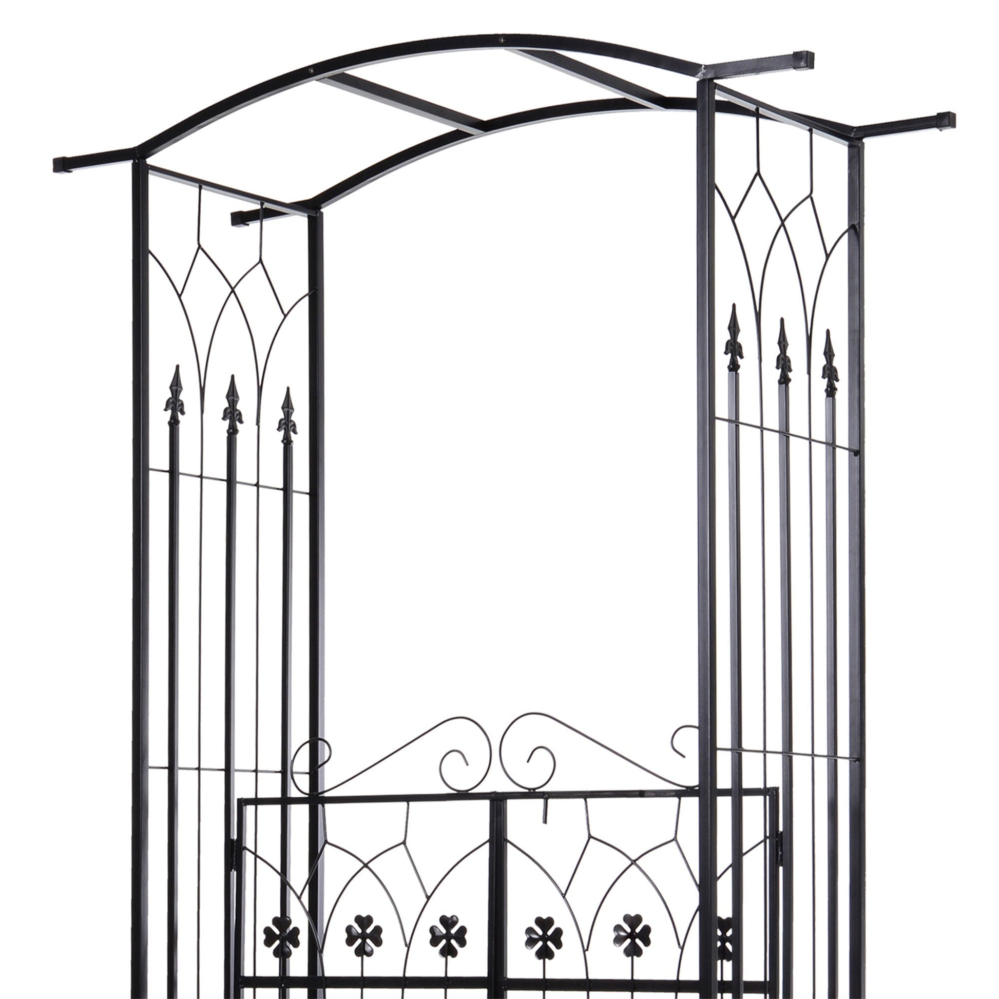 7' Metal Garden Arch with Gate, Outdoor Trellis Arbor Backdrop Stand with Lucky Leaf Clover Doors, for Ceremony, Weddings, Party, Garden, Backyard and Lawn, Black