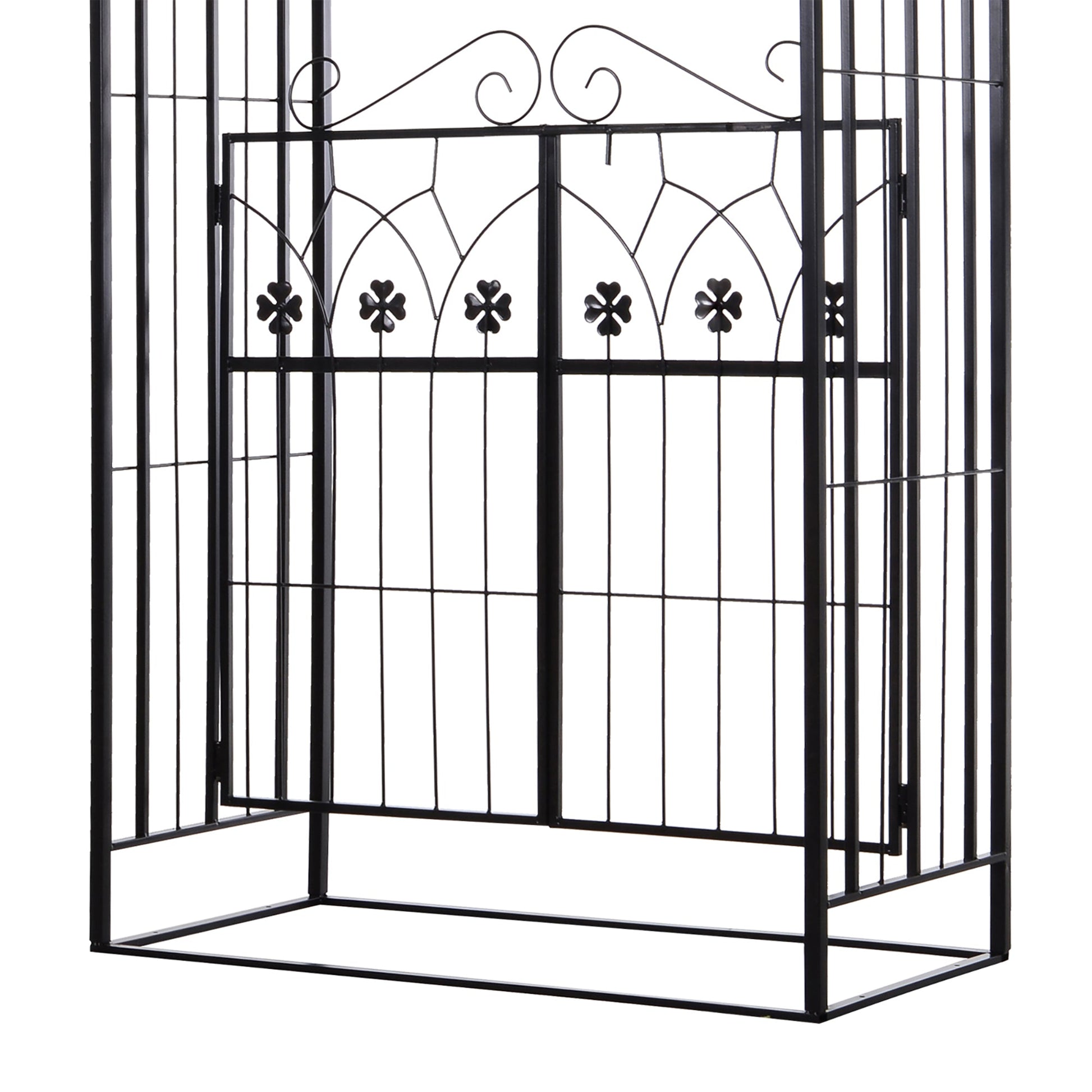 7' Metal Garden Arch with Gate, Outdoor Trellis Arbor Backdrop Stand with Lucky Leaf Clover Doors, for Ceremony, Weddings, Party, Garden, Backyard and Lawn, Black
