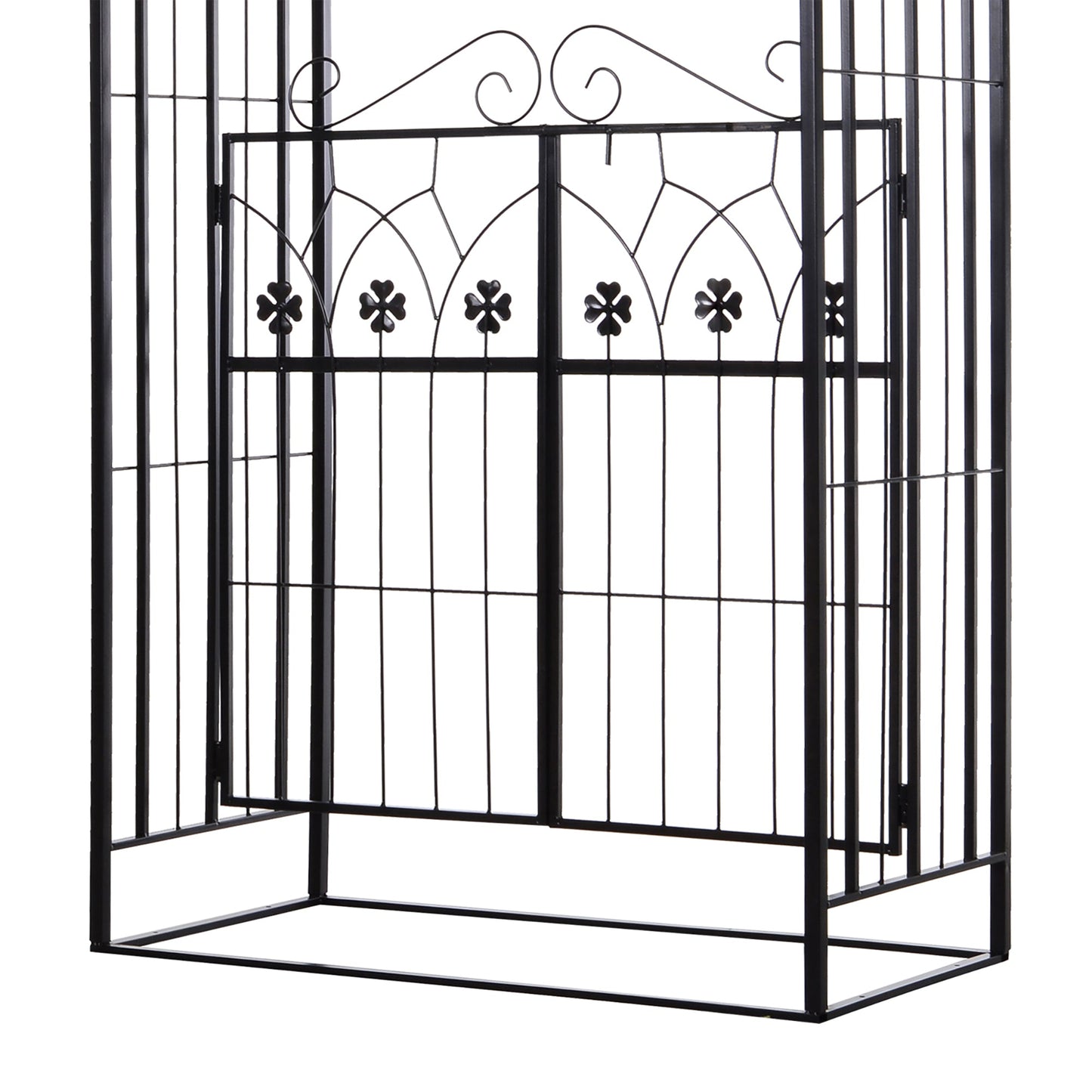 7' Metal Garden Arch with Gate, Outdoor Trellis Arbor Backdrop Stand with Lucky Leaf Clover Doors, for Ceremony, Weddings, Party, Garden, Backyard and Lawn, Black