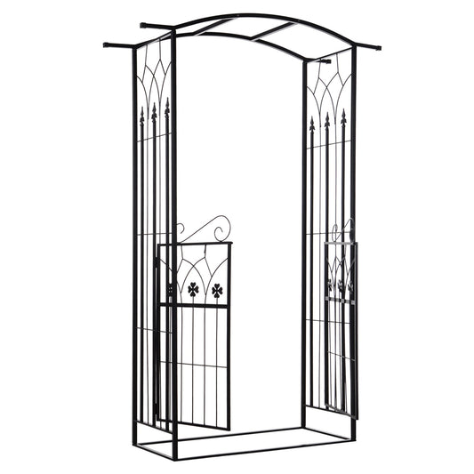 7' Metal Garden Arch with Gate, Outdoor Trellis Arbor Backdrop Stand with Lucky Leaf Clover Doors, for Ceremony, Weddings, Party, Garden, Backyard and Lawn, Black