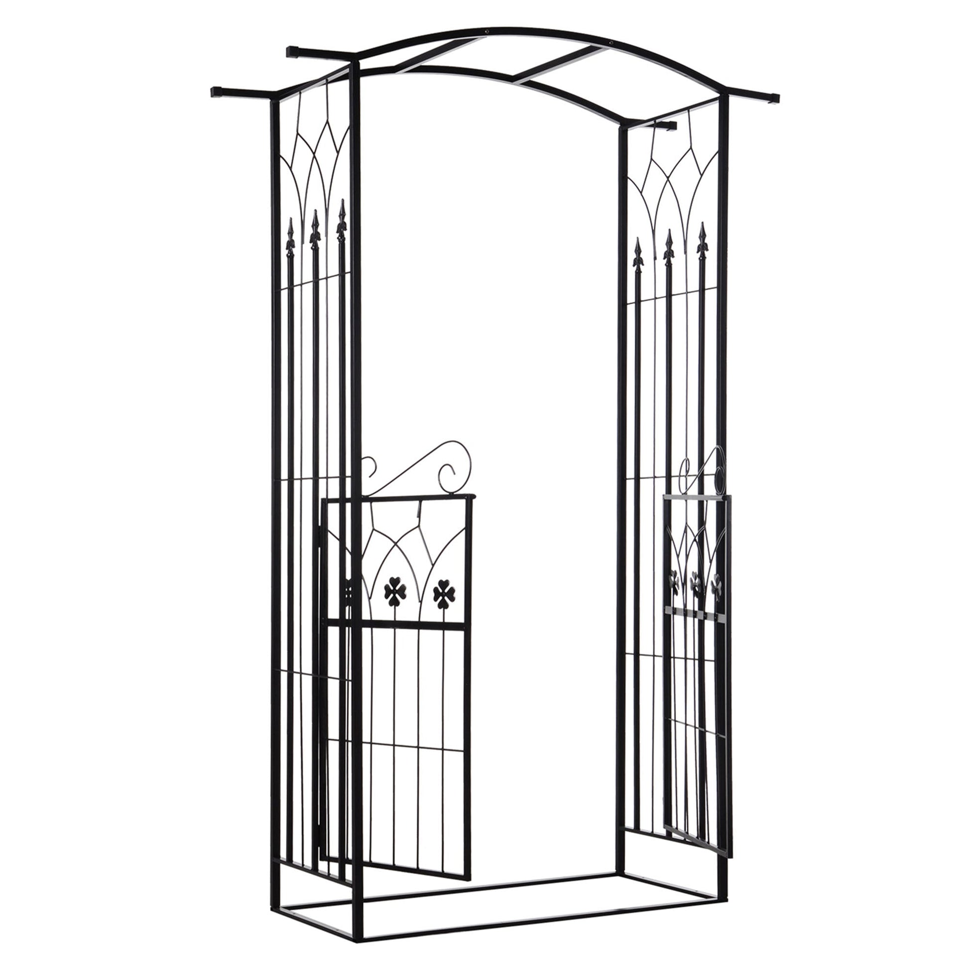 7' Metal Garden Arch with Gate, Outdoor Trellis Arbor Backdrop Stand with Lucky Leaf Clover Doors, for Ceremony, Weddings, Party, Garden, Backyard and Lawn, Black