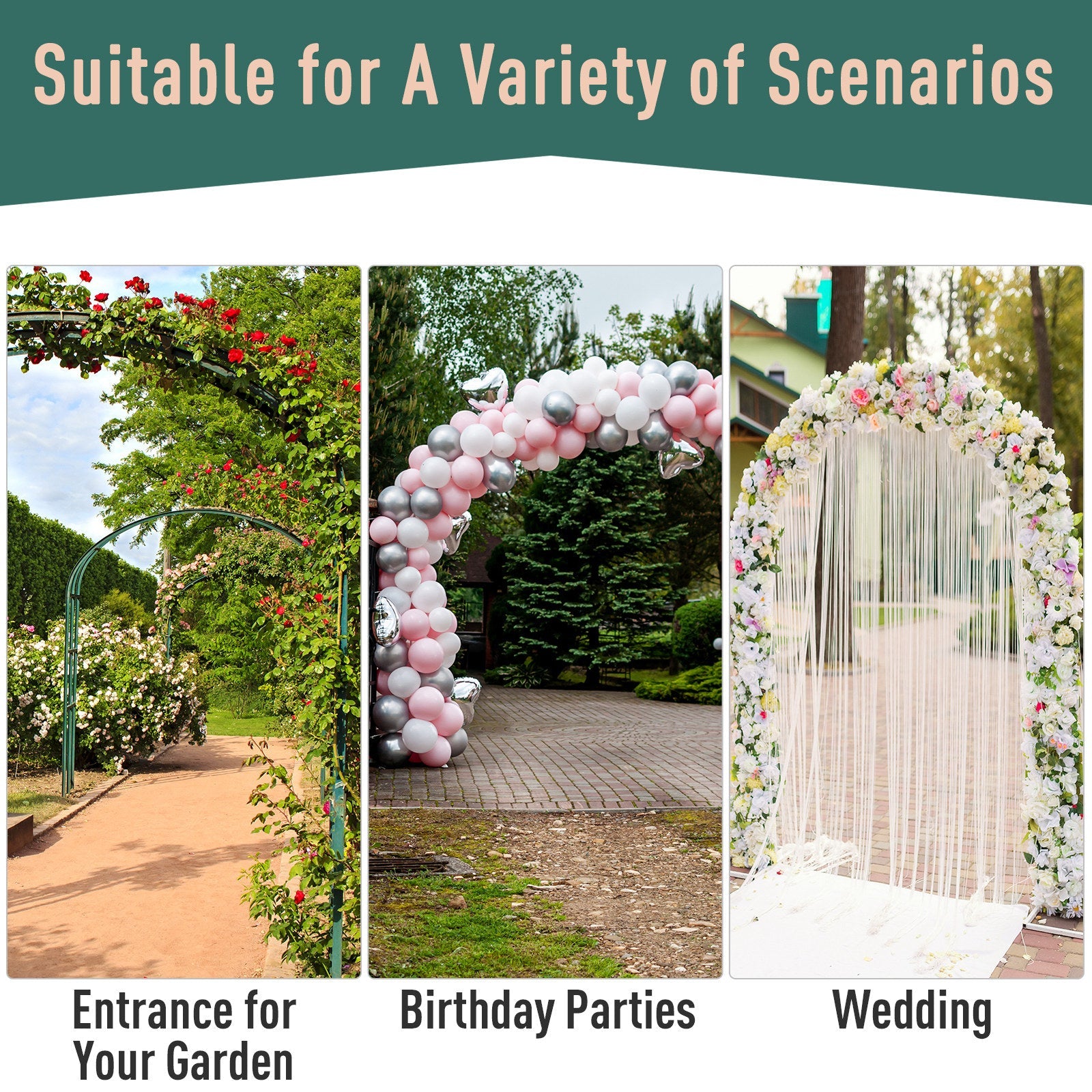 7' Metal Garden Arch with Gate, Outdoor Trellis Arbor Backdrop Stand with Lucky Leaf Clover Doors, for Ceremony, Weddings, Party, Garden, Backyard and Lawn, Black