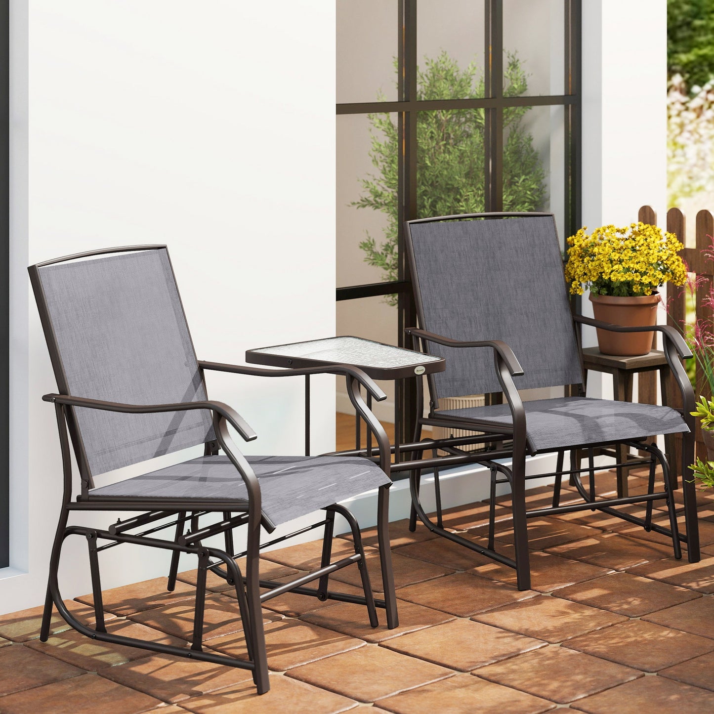 Double Patio Glider Chair with Glass Top Center Table, Outdoor Glider Loveseat with High Back,  All Weather Breathable Mesh Fabric for Garden, Backyard, Deck, Grey