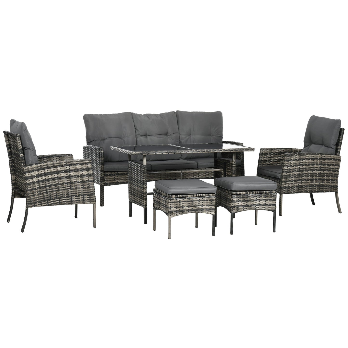 6 Piece Patio Furniture Set with Patio Chairs, Ottomans, Sofa, Glass Top Table and Cushions, Wicker Rattan Outdoor Furniture Set for Backyard, Porch, Grey