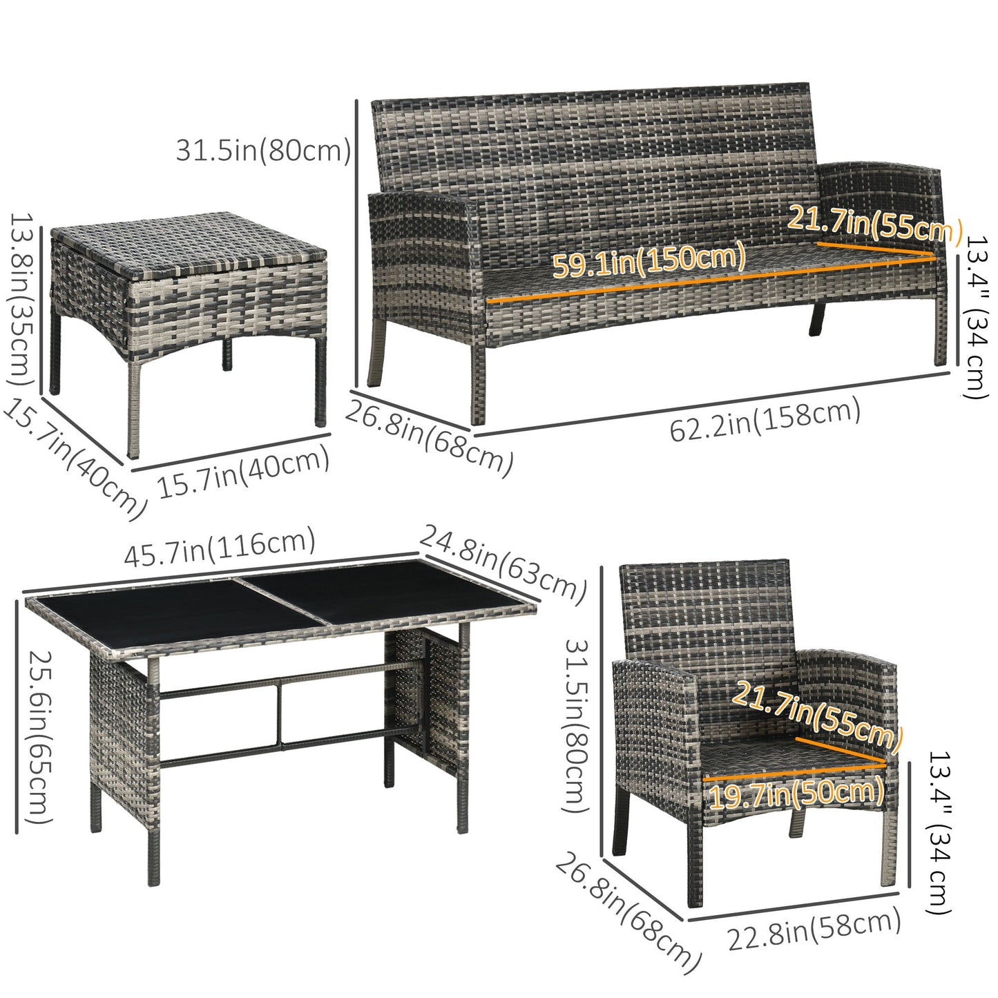 6 Piece Patio Furniture Set with Patio Chairs, Ottomans, Sofa, Glass Top Table and Cushions, Wicker Rattan Outdoor Furniture Set for Backyard, Porch, Grey