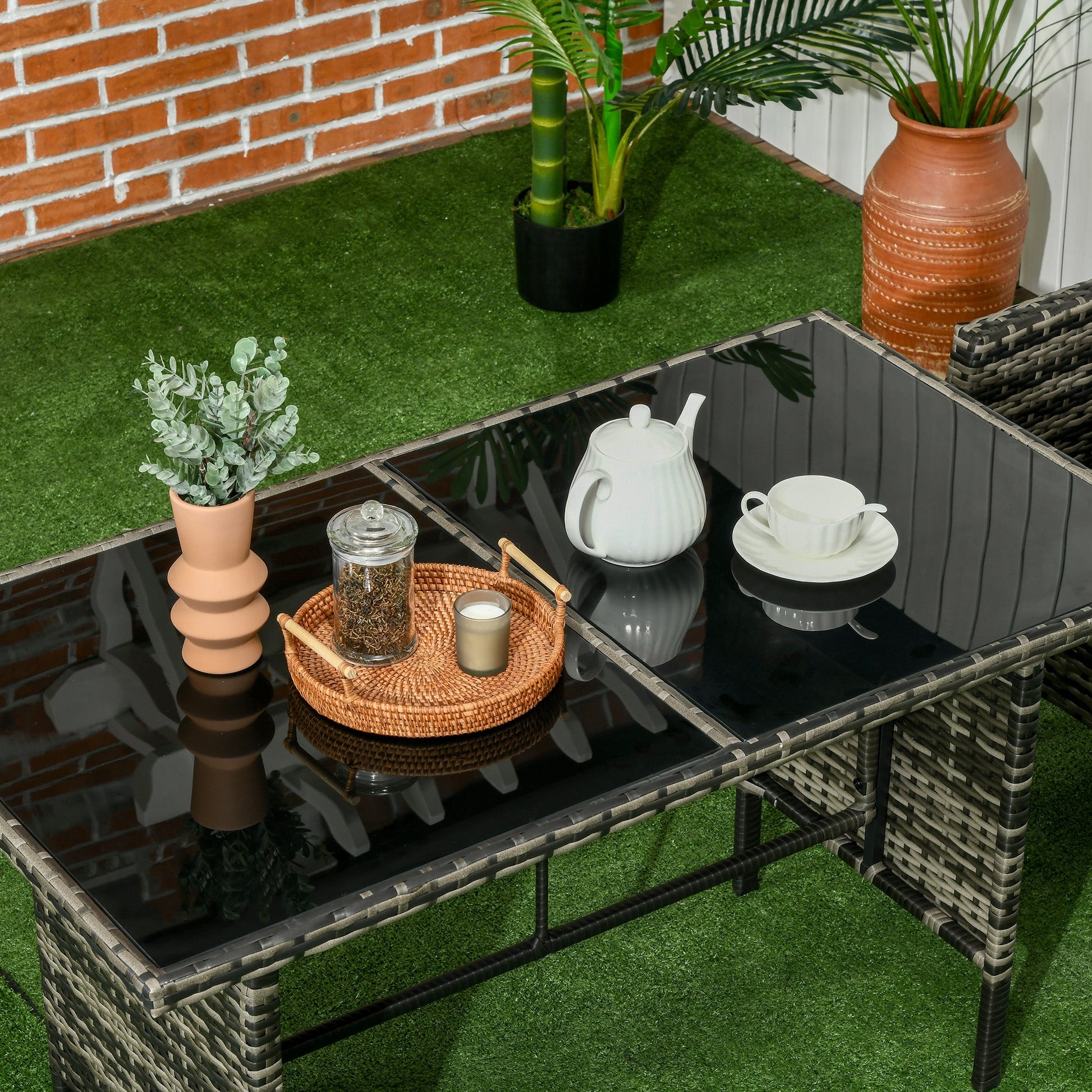 6 Piece Patio Furniture Set with Patio Chairs, Ottomans, Sofa, Glass Top Table and Cushions, Wicker Rattan Outdoor Furniture Set for Backyard, Porch, Grey