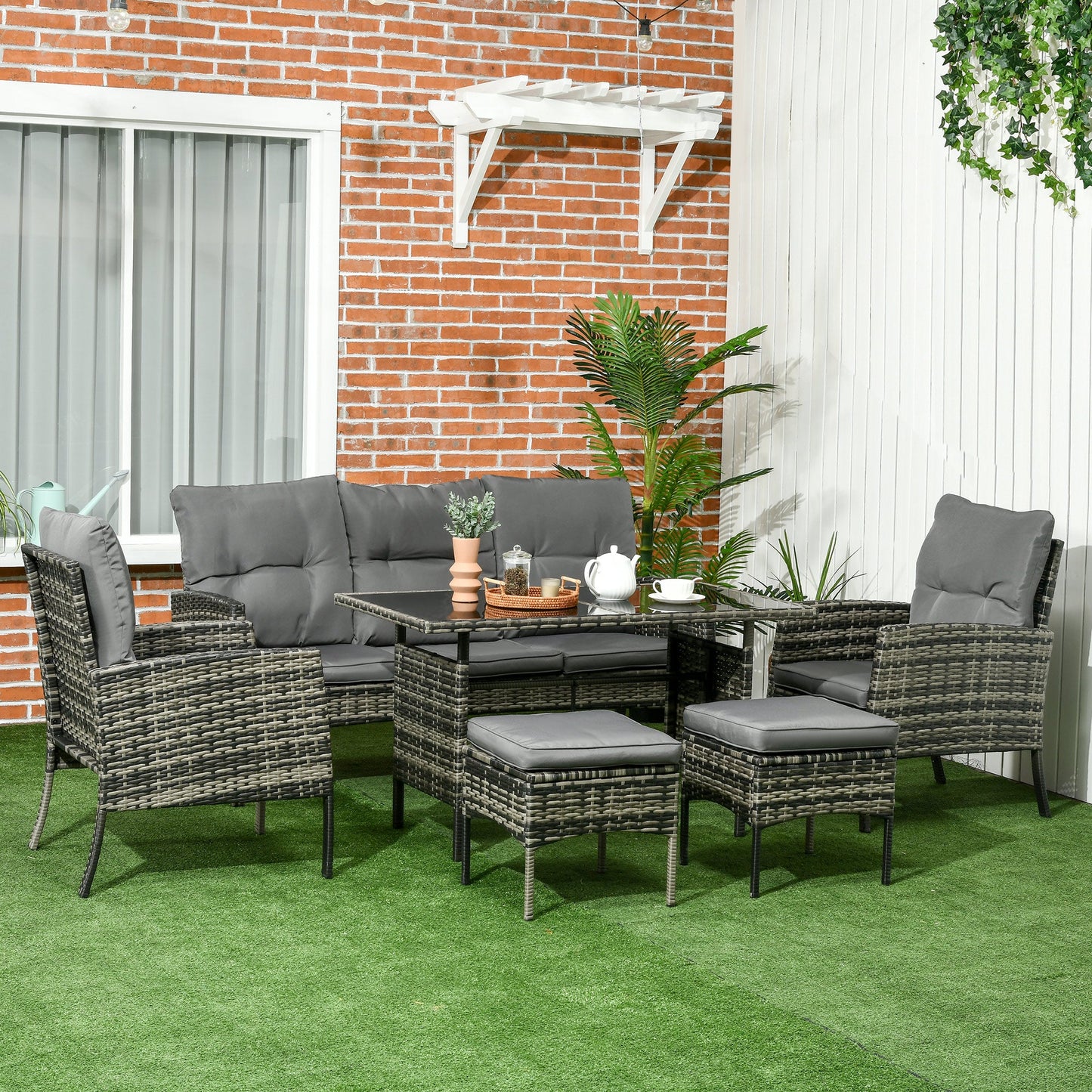 6 Piece Patio Furniture Set with Patio Chairs, Ottomans, Sofa, Glass Top Table and Cushions, Wicker Rattan Outdoor Furniture Set for Backyard, Porch, Grey