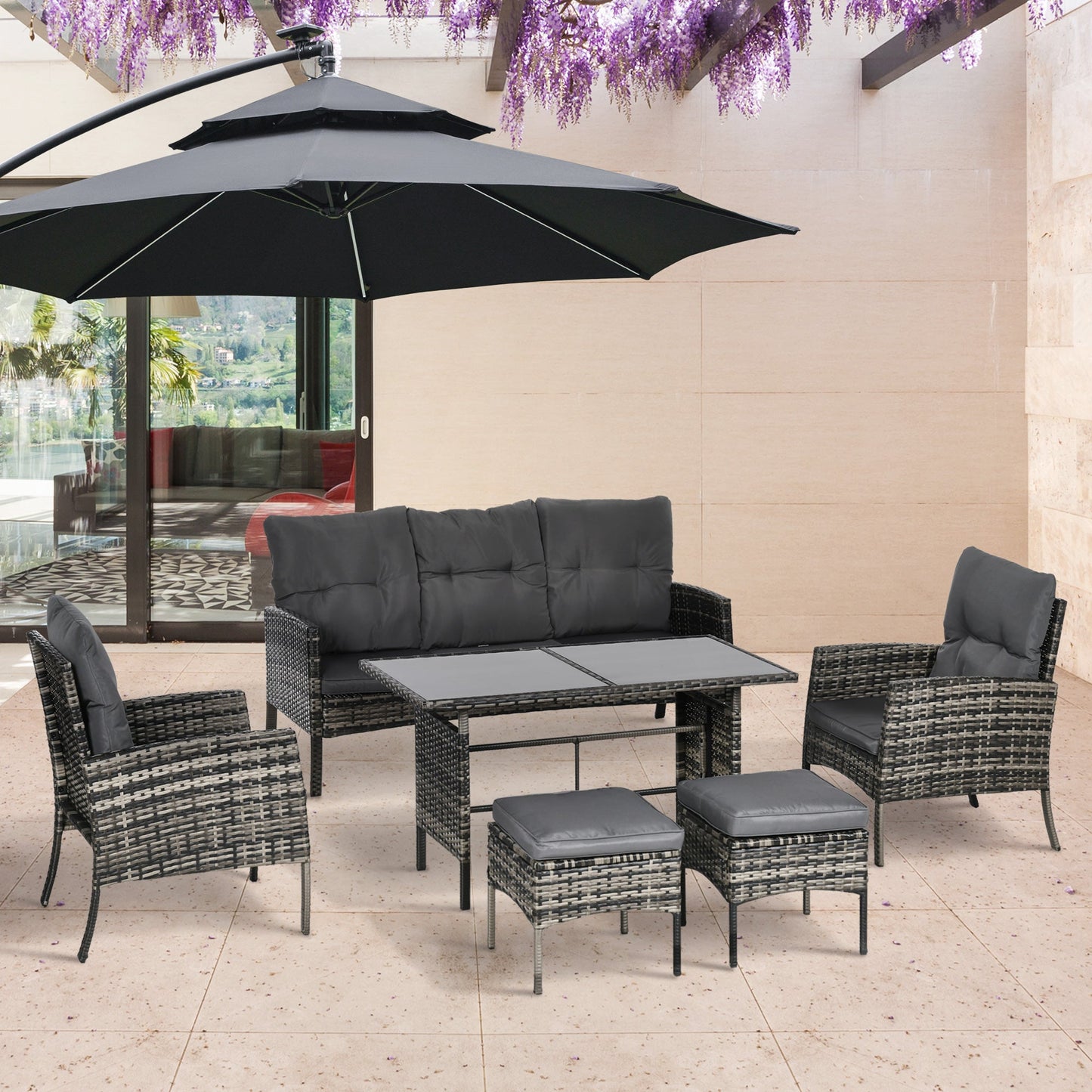 6 Piece Patio Furniture Set with Patio Chairs, Ottomans, Sofa, Glass Top Table and Cushions, Wicker Rattan Outdoor Furniture Set for Backyard, Porch, Grey