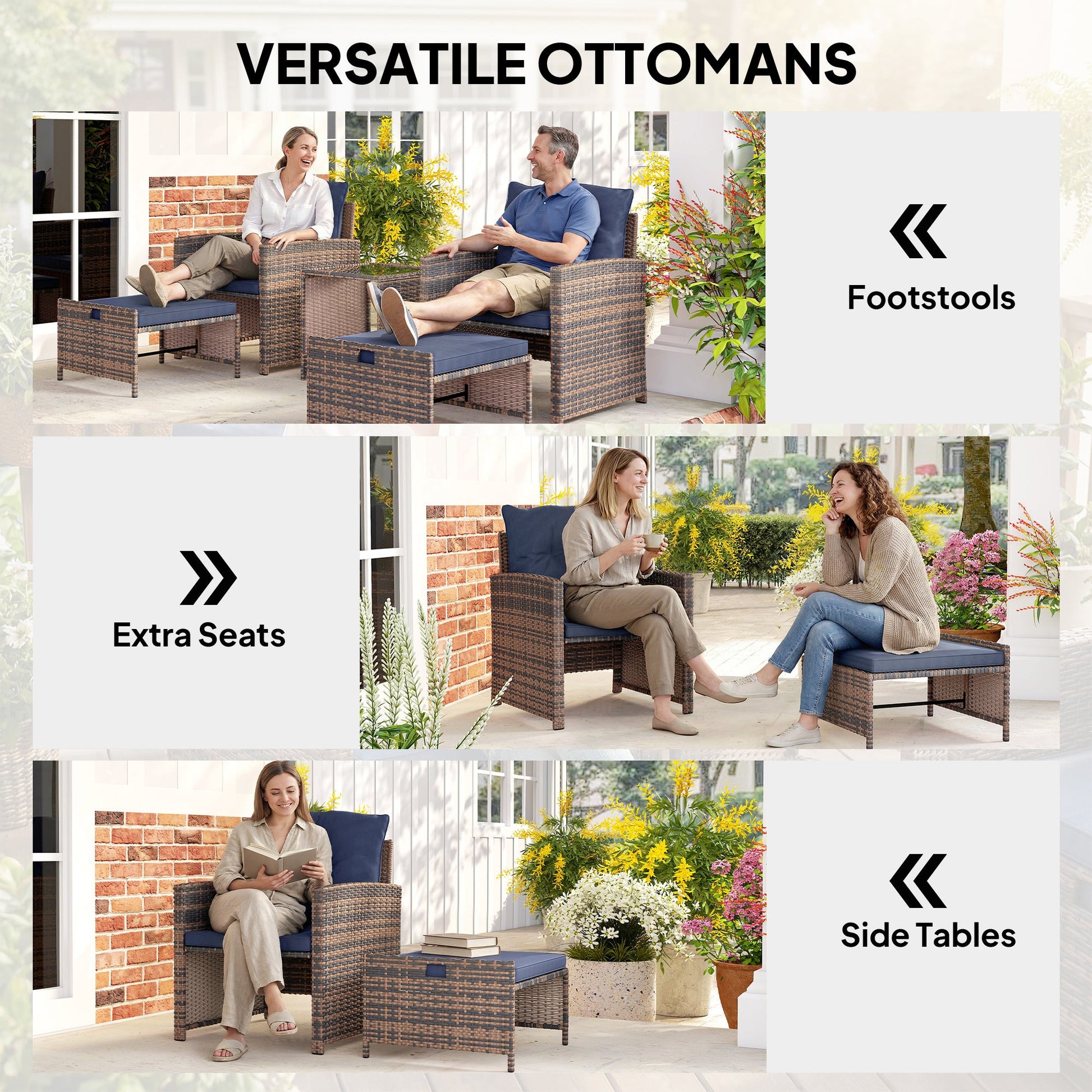 5 Piece Patio Furniture Set, Wicker Patio Chairs with Ottomans, 2-Tier Glass Coffee Table, Cushions, Outdoor Patio Furniture Conversation Set for Balcony, Brown/Dark Blue