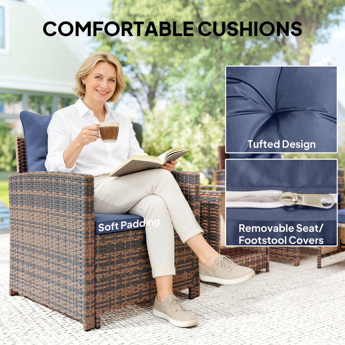 5 Piece Patio Furniture Set, Wicker Patio Chairs with Ottomans, 2-Tier Glass Coffee Table, Cushions, Outdoor Patio Furniture Conversation Set for Balcony, Brown/Dark Blue