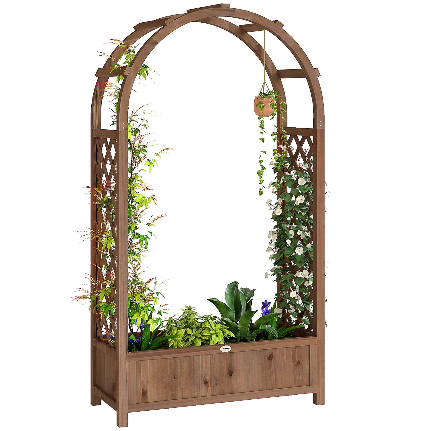 Raised Garden Bed with Arch Trellis, 59.8" Freestanding Garden Planter Box, Outdoor Planter Container for Vine Climbing Plant Flower Herb, Dark Brown Wood Effect