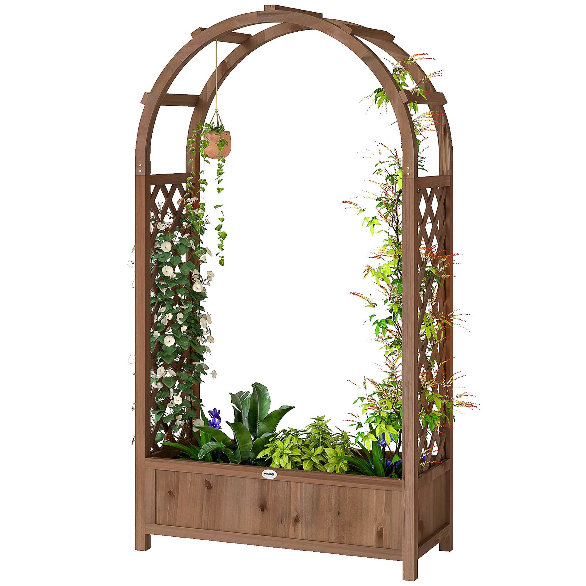 Raised Garden Bed with Arch Trellis, 59.8" Freestanding Garden Planter Box, Outdoor Planter Container for Vine Climbing Plant Flower Herb, Dark Brown Wood Effect