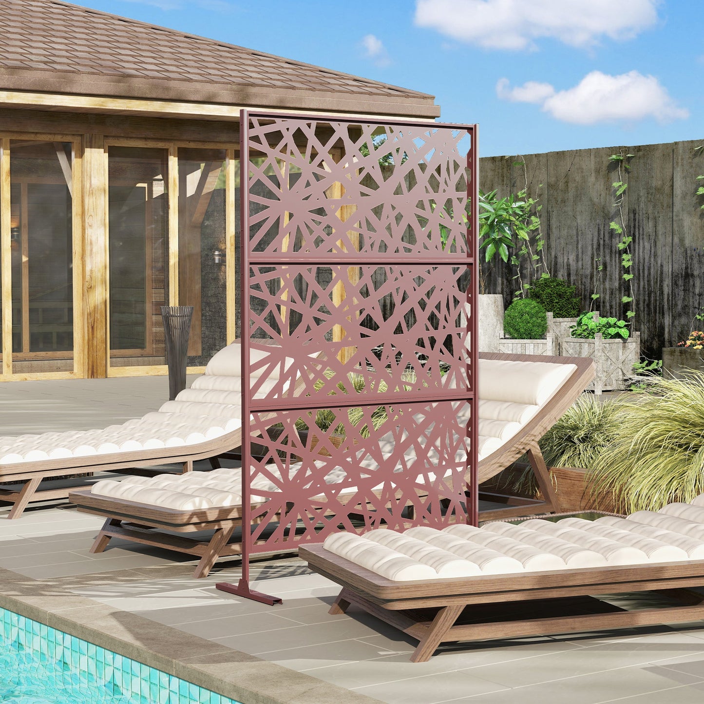Metal Outdoor Privacy Screen, 78" x 48" Freestanding Outdoor Divider with Stand, Decorative Privacy Panel with Labyrinth Cut-out Design for Garden Patio, Dark Brown