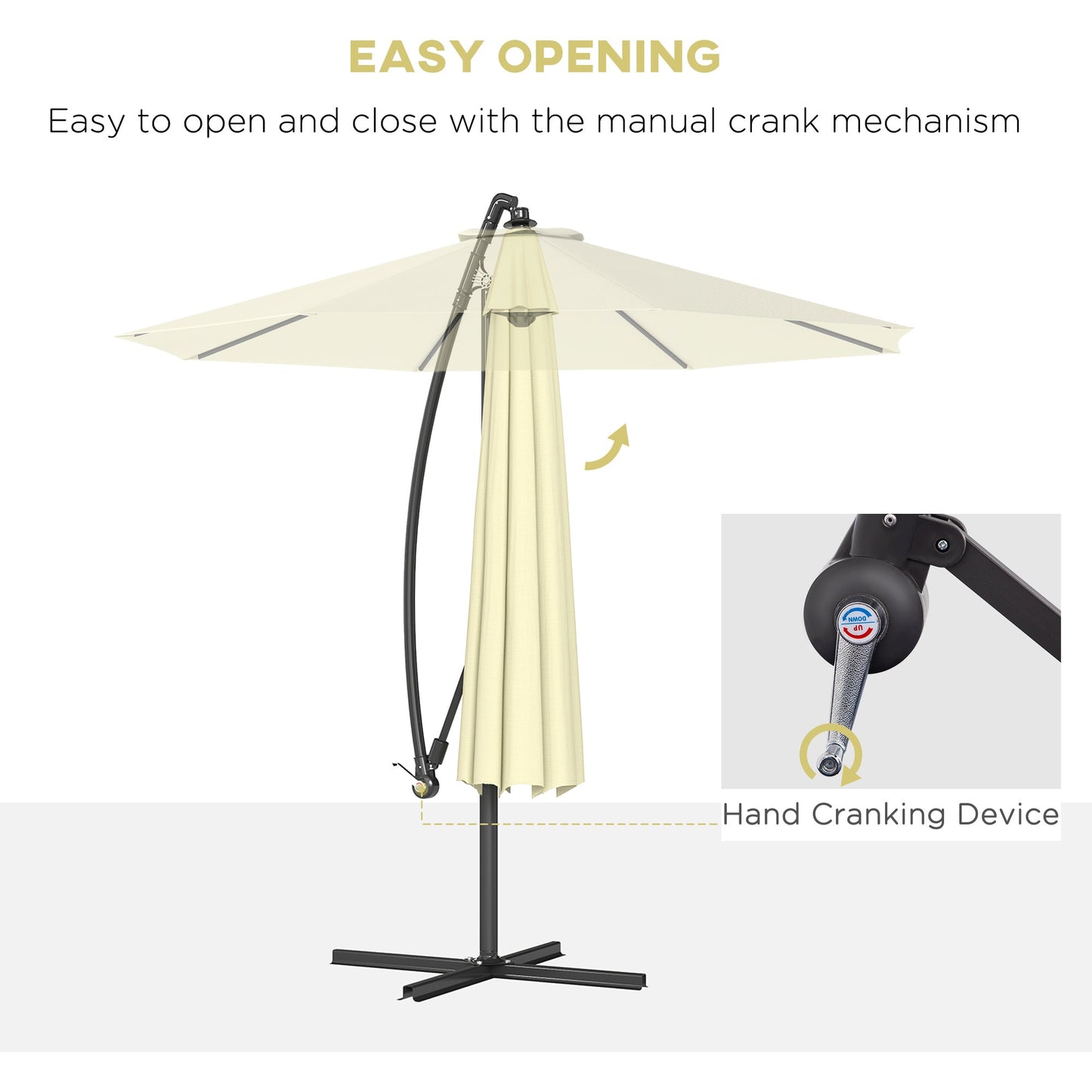 10' Deluxe Patio Umbrella, Outdoor Market Parasol, Banana Hanging Offset Sunshade with Crank, Cross Base, Beige