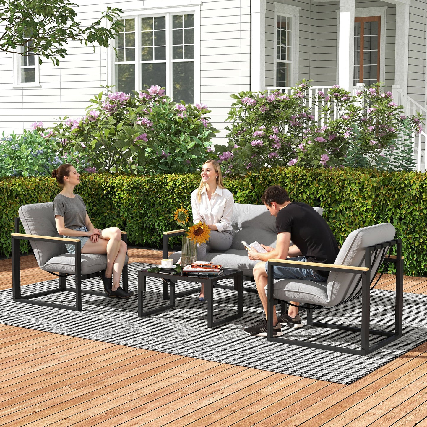 4 Piece Patio Furniture Set, Outdoor Loveseat Sofa Set with Thick Cushions and Coffee Table, Patio Conversation Set for Porch, Balcony, Deck, Light Grey