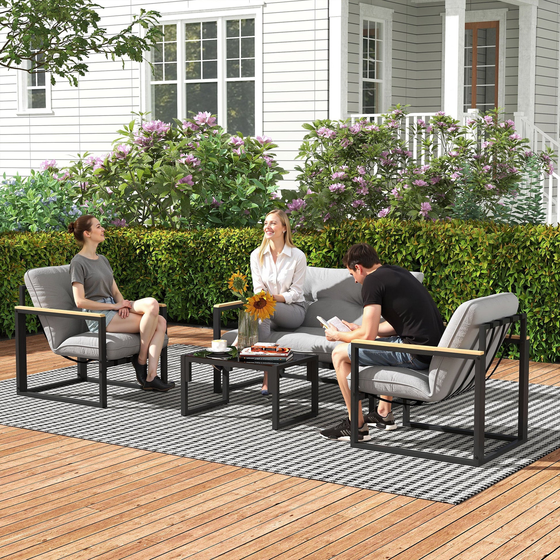 4 Piece Patio Furniture Set, Outdoor Loveseat Sofa Set with Thick Cushions and Coffee Table, Patio Conversation Set for Porch, Balcony, Deck, Light Grey