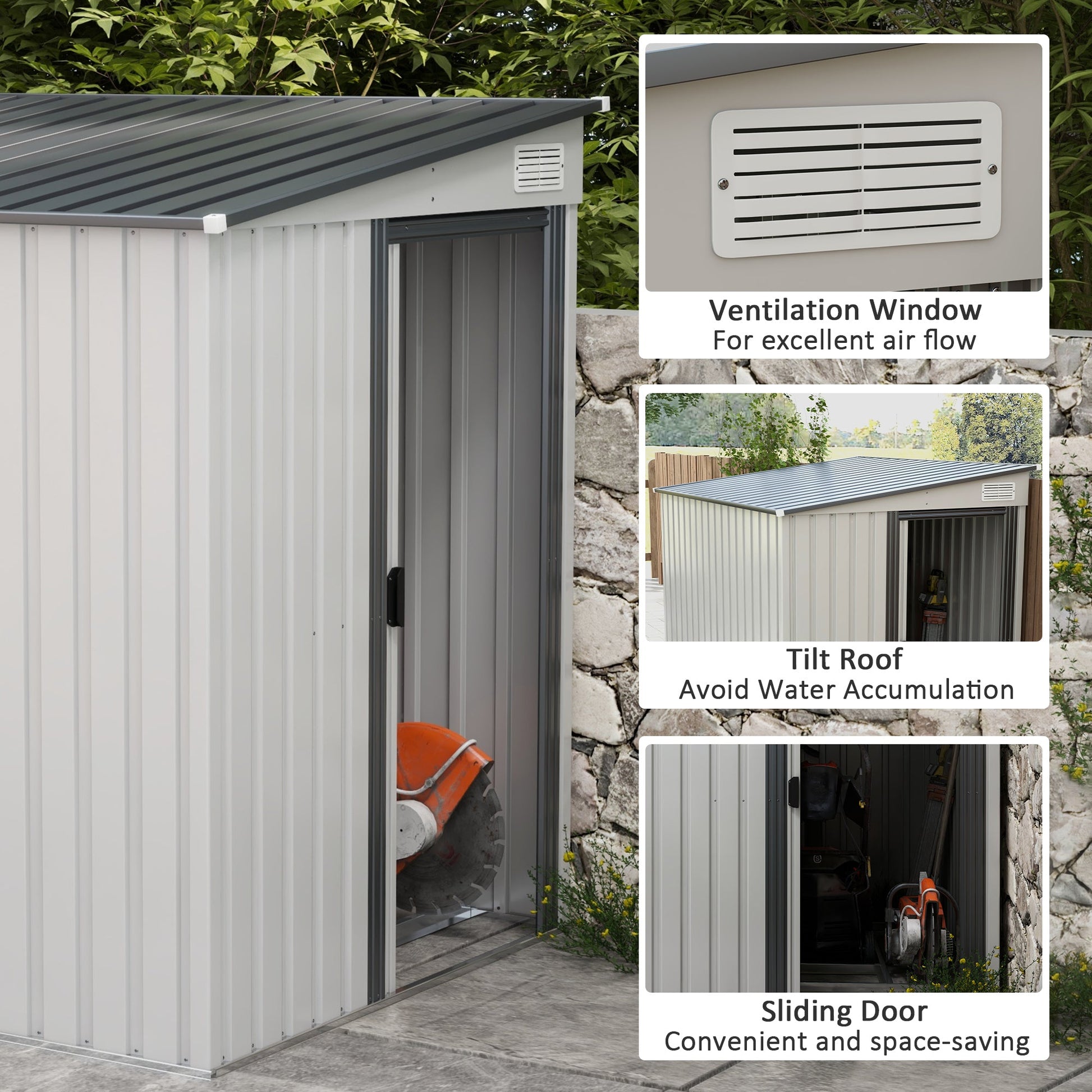 5 x 7FT Lean to Outdoor Storage Shed with Foundation Kit, Metal Garden Shed with Adjustable Shelves, Sliding Door, Vents, Hooks for Backyard, Patio, Lawn, White