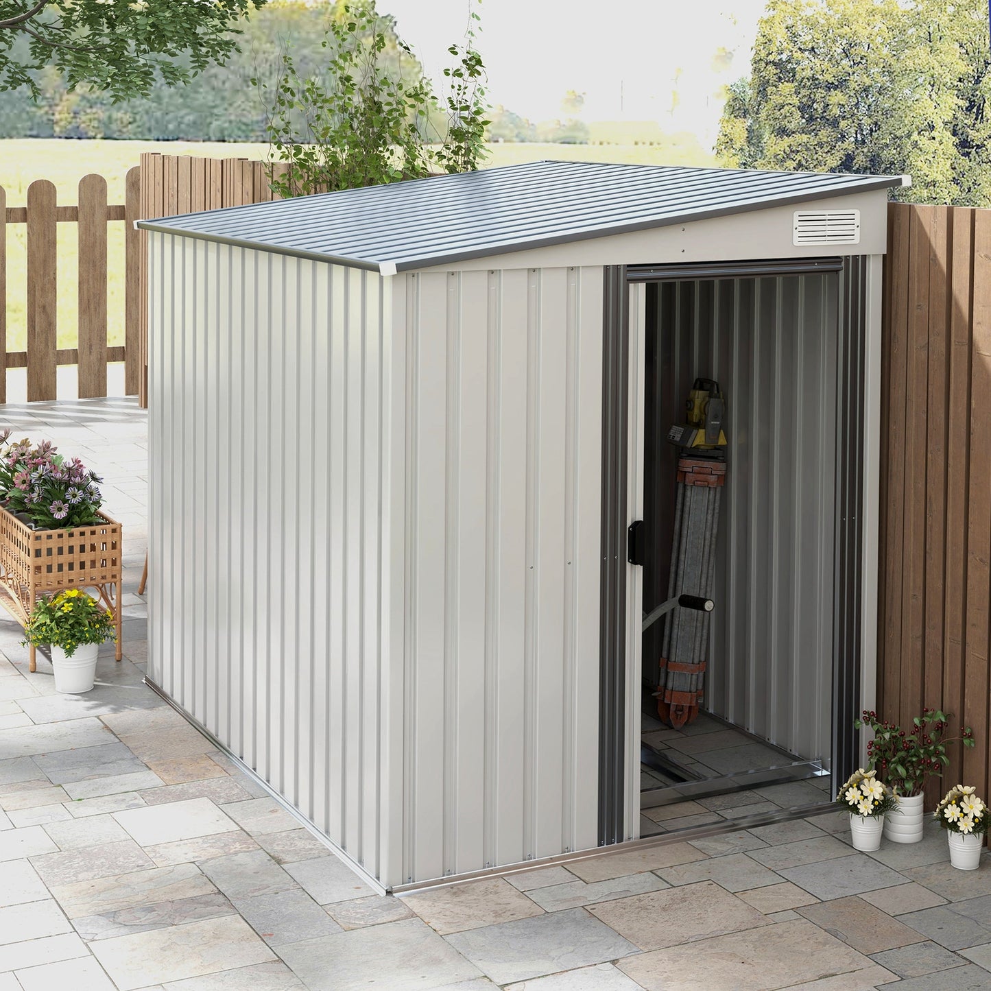 5 x 7FT Lean to Outdoor Storage Shed with Foundation Kit, Metal Garden Shed with Adjustable Shelves, Sliding Door, Vents, Hooks for Backyard, Patio, Lawn, White