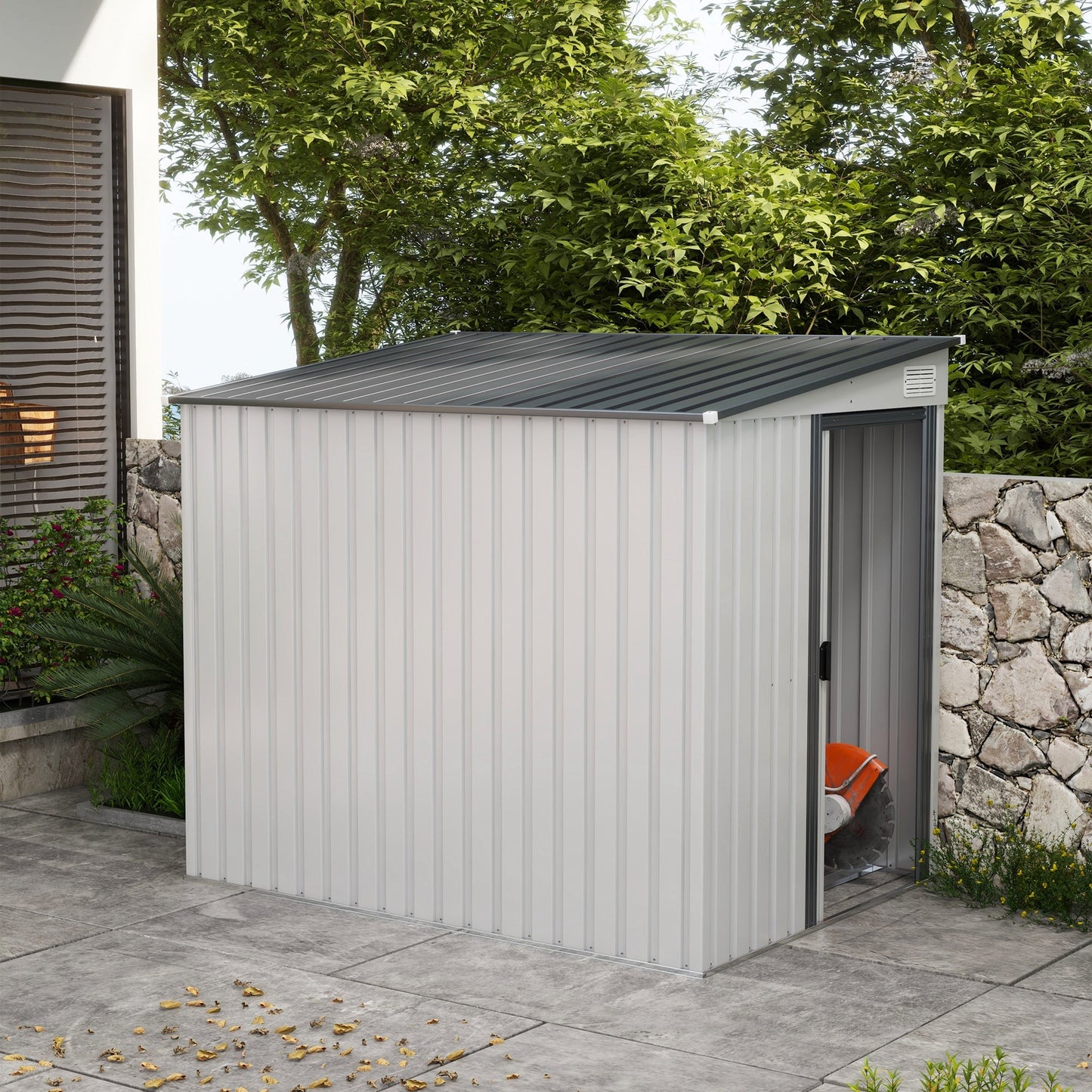 5 x 7FT Lean to Outdoor Storage Shed with Foundation Kit, Metal Garden Shed with Adjustable Shelves, Sliding Door, Vents, Hooks for Backyard, Patio, Lawn, White