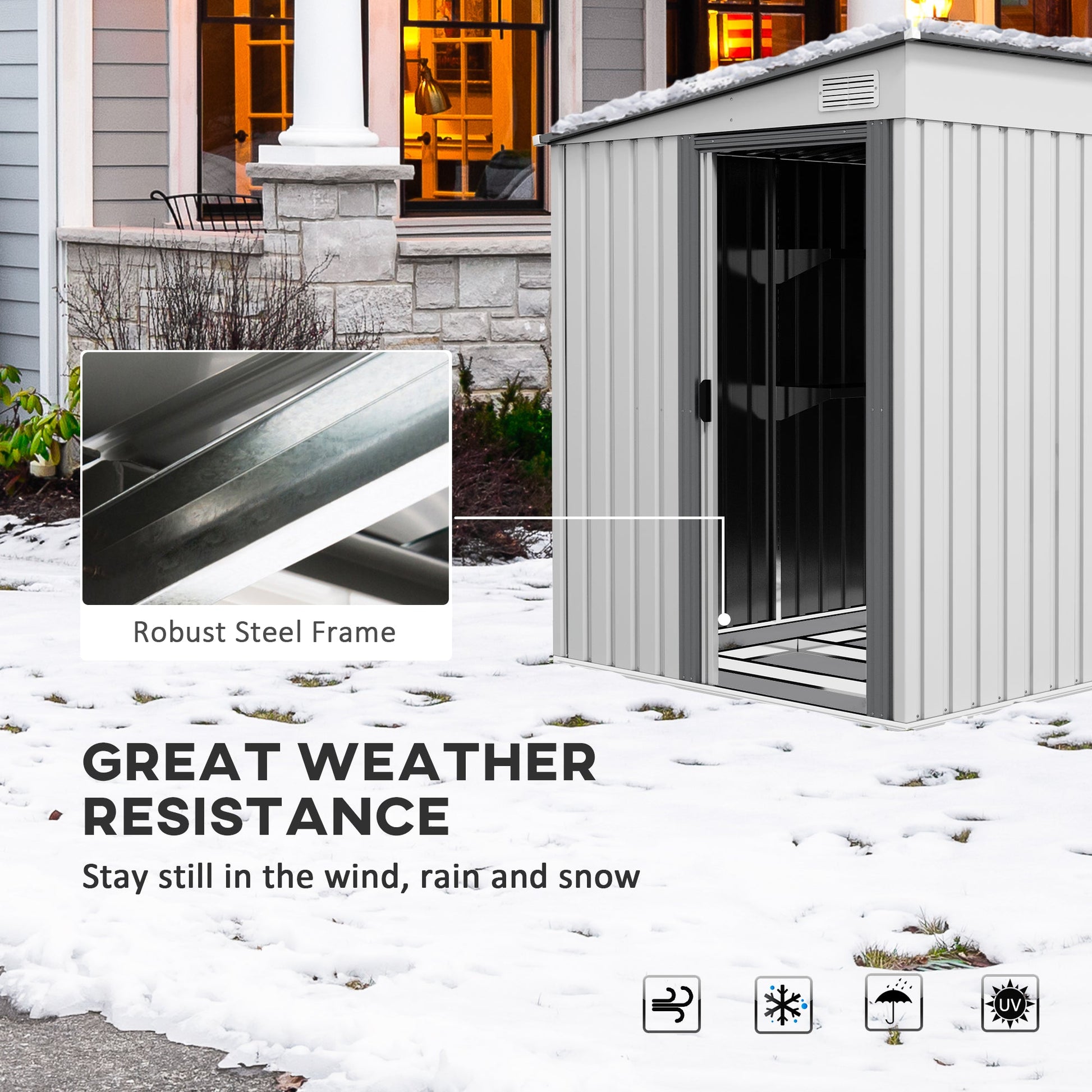 5 x 7FT Lean to Outdoor Storage Shed with Foundation Kit, Metal Garden Shed with Adjustable Shelves, Sliding Door, Vents, Hooks for Backyard, Patio, Lawn, White