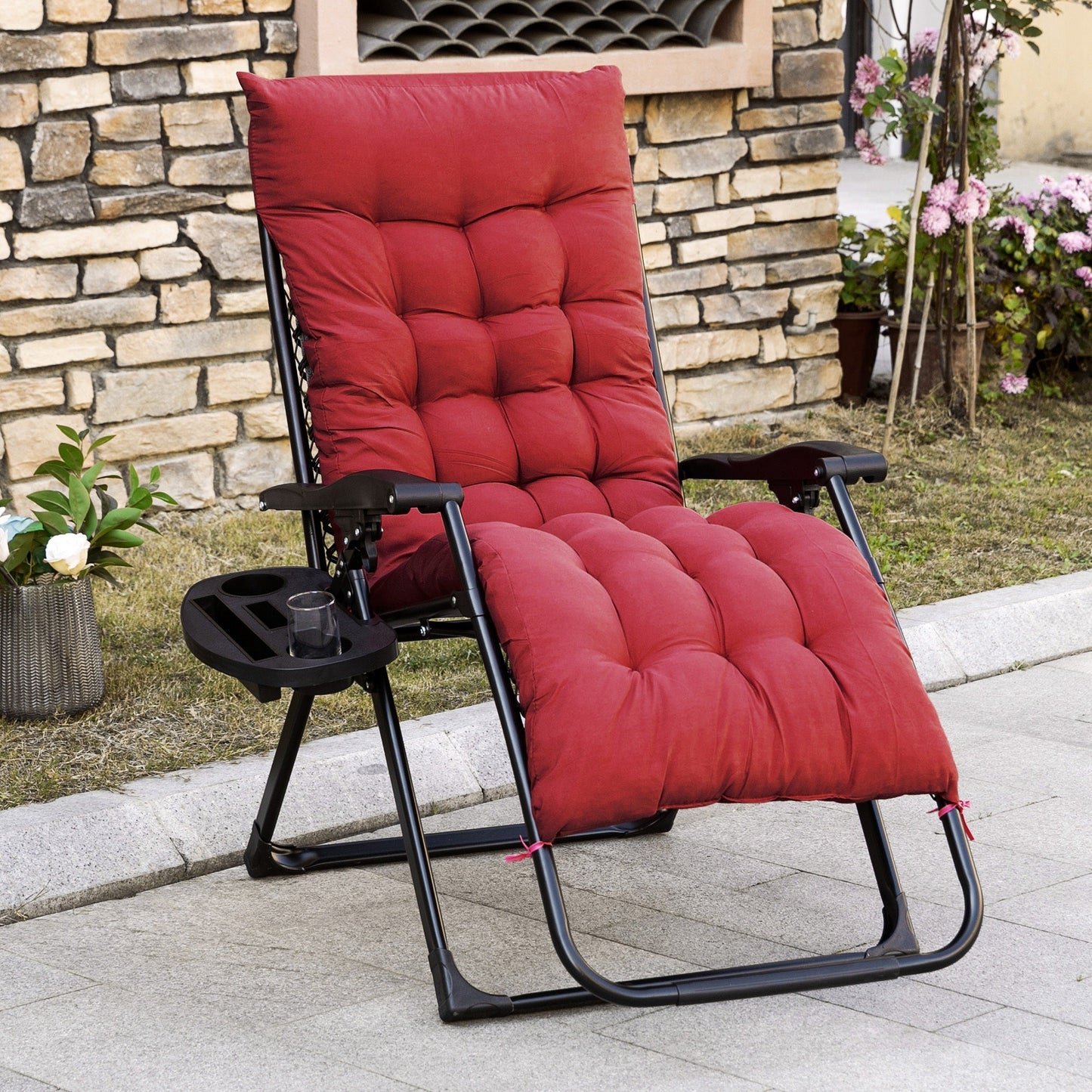 Padded Zero Gravity Chair, Folding Recliner Chair, Patio Lounger with Cup Holder, Adjustable Backrest, Removable Cushion for Outdoor, Patio, Deck, and Poolside, Red