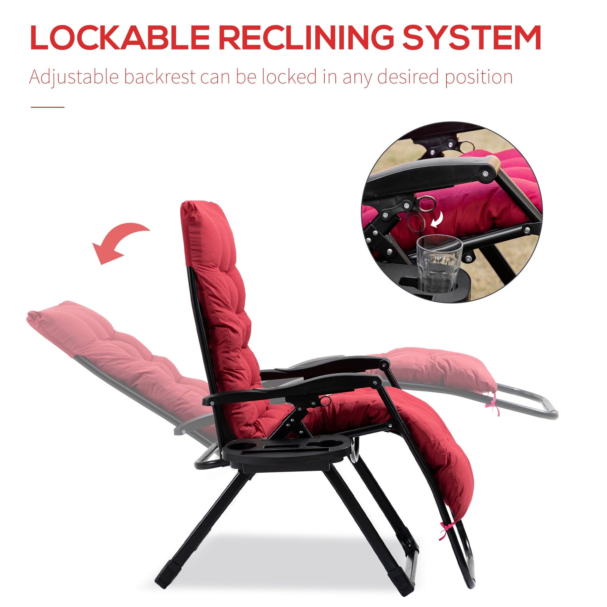 Padded Zero Gravity Chair, Folding Recliner Chair, Patio Lounger with Cup Holder, Adjustable Backrest, Removable Cushion for Outdoor, Patio, Deck, and Poolside, Red