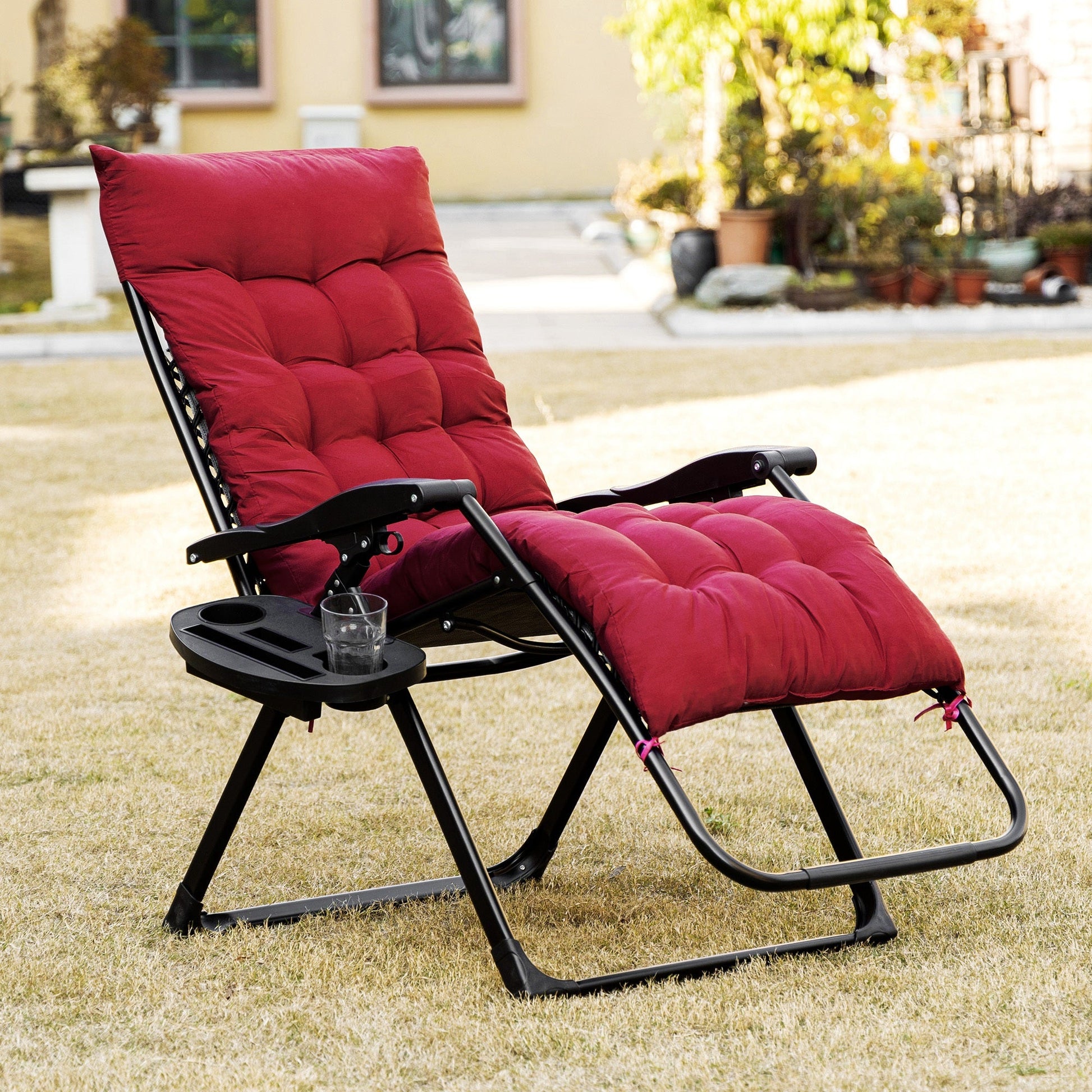 Padded Zero Gravity Chair, Folding Recliner Chair, Patio Lounger with Cup Holder, Adjustable Backrest, Removable Cushion for Outdoor, Patio, Deck, and Poolside, Red