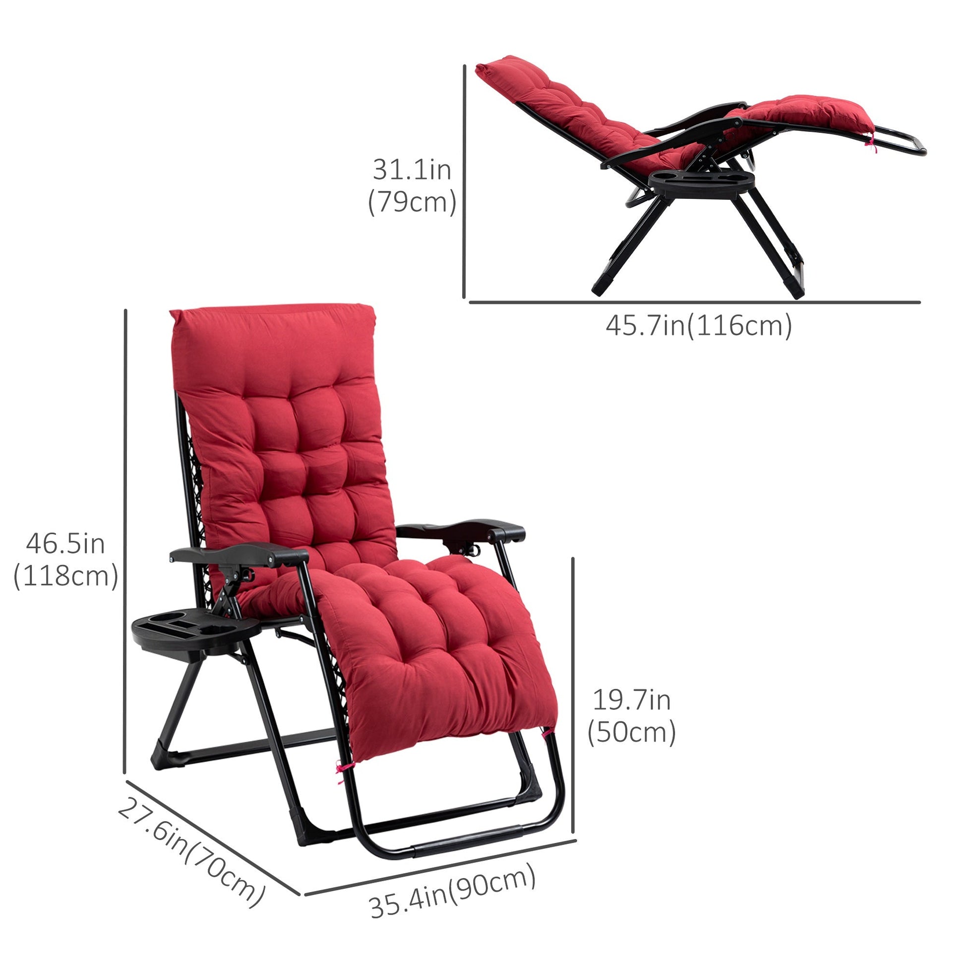 Padded Zero Gravity Chair, Folding Recliner Chair, Patio Lounger with Cup Holder, Adjustable Backrest, Removable Cushion for Outdoor, Patio, Deck, and Poolside, Red