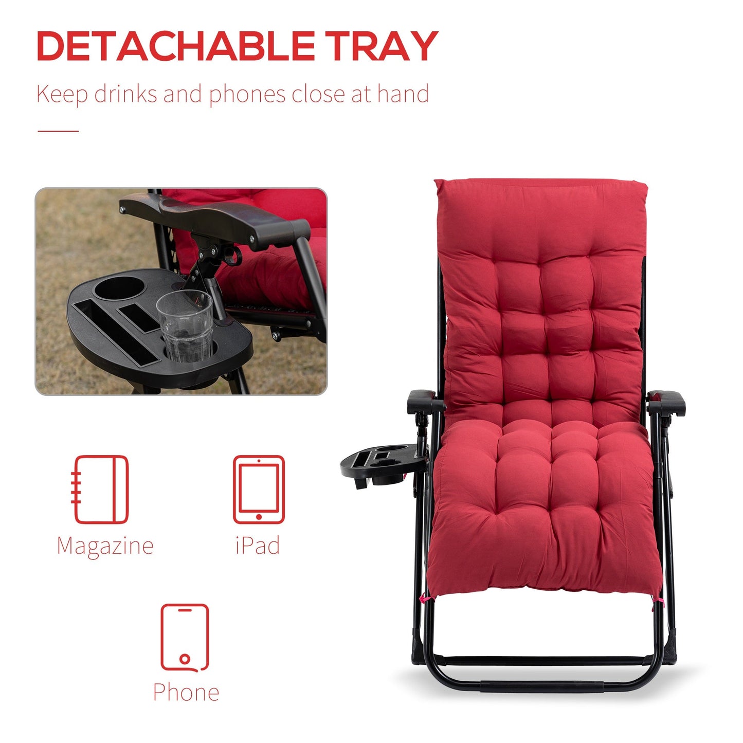 Padded Zero Gravity Chair, Folding Recliner Chair, Patio Lounger with Cup Holder, Adjustable Backrest, Removable Cushion for Outdoor, Patio, Deck, and Poolside, Red