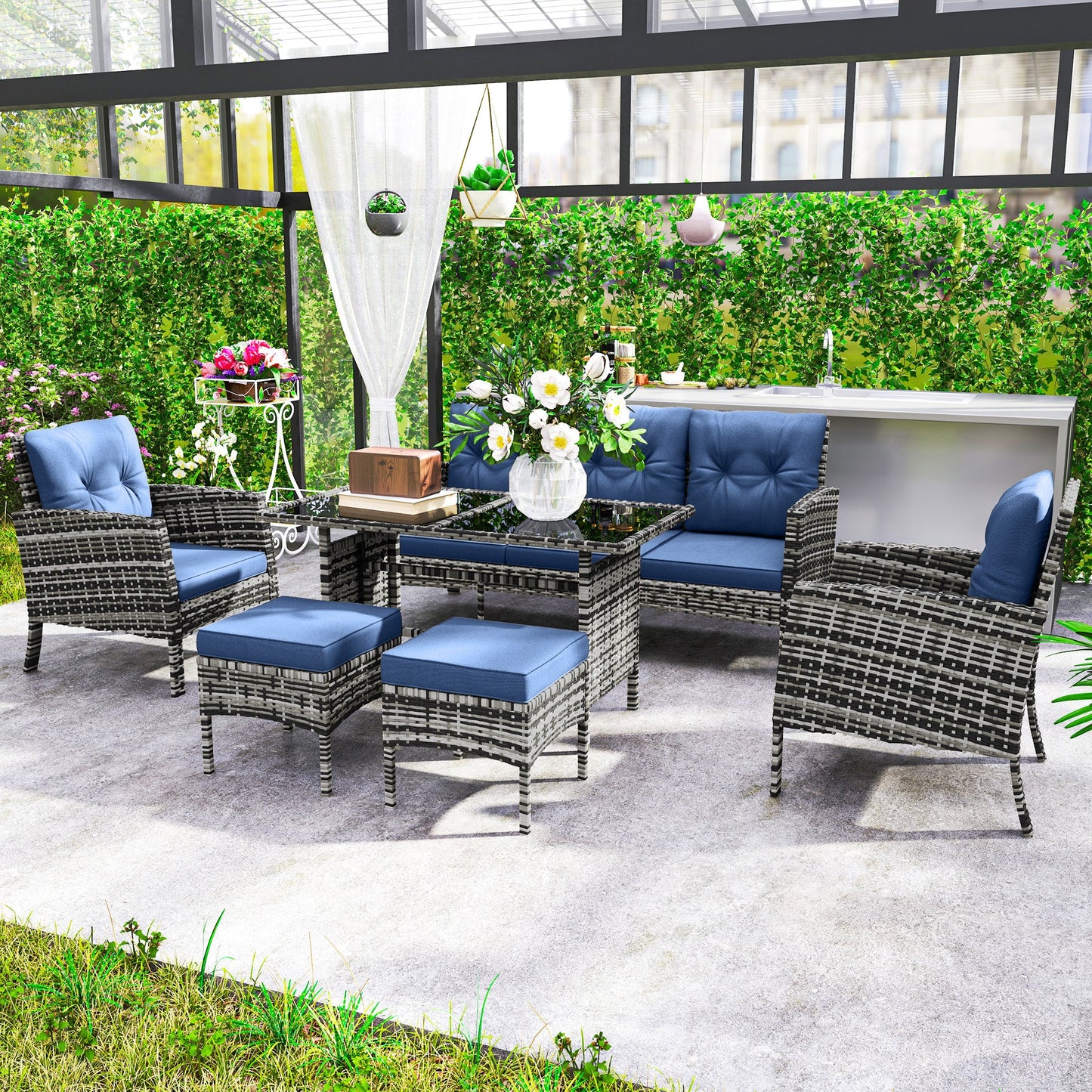 6 Piece Patio Furniture Set with Patio Chairs, Ottomans, Sofa, Glass Top Table and Cushions, Wicker Rattan Outdoor Furniture Set for Backyard, Porch, Navy Blue