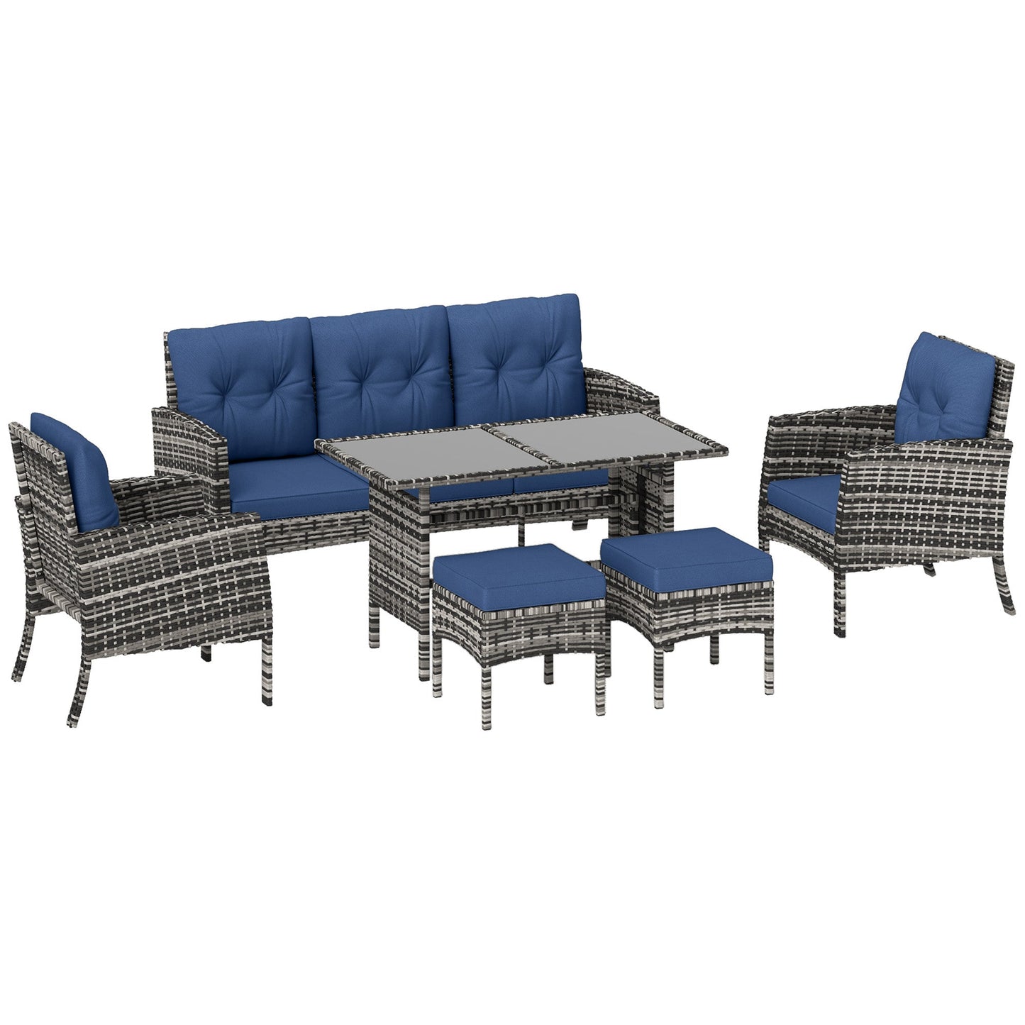 6 Piece Patio Furniture Set with Patio Chairs, Ottomans, Sofa, Glass Top Table and Cushions, Wicker Rattan Outdoor Furniture Set for Backyard, Porch, Navy Blue