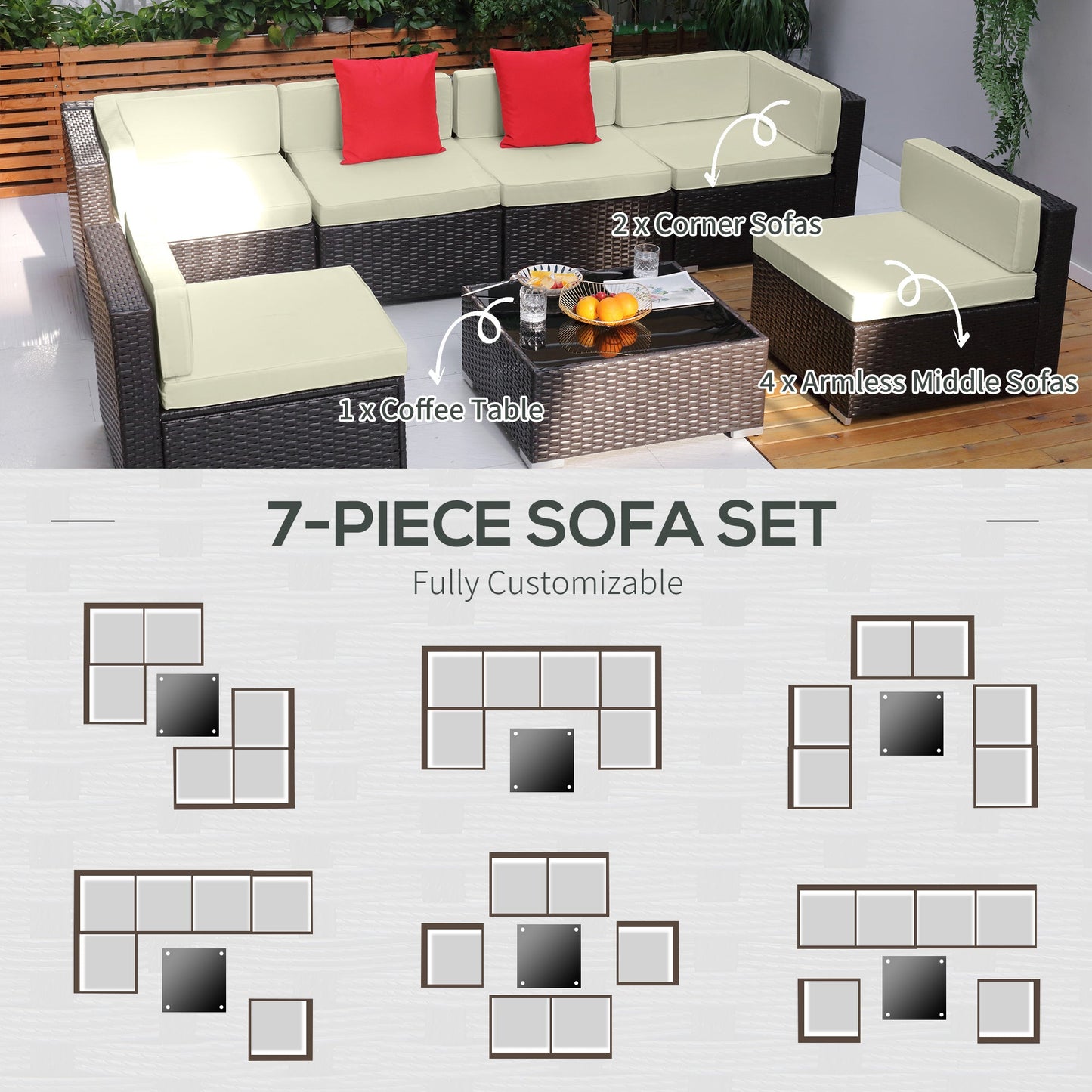 7 Piece Patio Furniture Set, PE Rattan Outdoor Conversation Set with Sectional Sofa, Glass Tabletop, Cushions and Pillows for Garden, Lawn, Deck, Coffee and Cream White