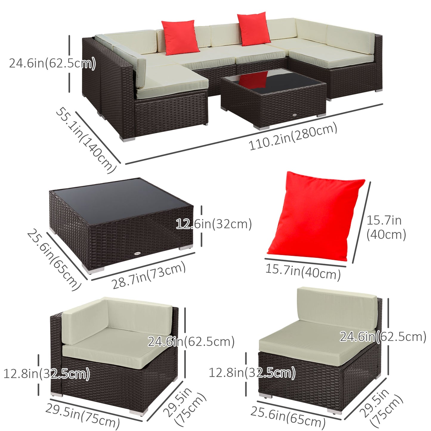 7 Piece Patio Furniture Set, PE Rattan Outdoor Conversation Set with Sectional Sofa, Glass Tabletop, Cushions and Pillows for Garden, Lawn, Deck, Coffee and Cream White