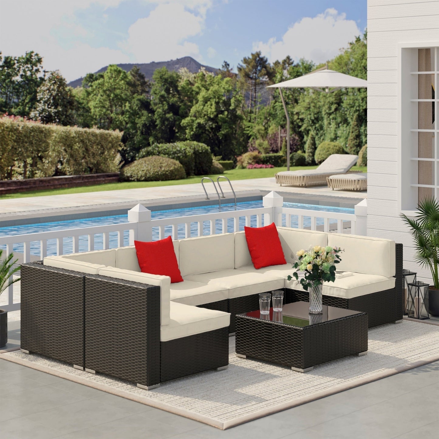 7 Piece Patio Furniture Set, PE Rattan Outdoor Conversation Set with Sectional Sofa, Glass Tabletop, Cushions and Pillows for Garden, Lawn, Deck, Coffee and Cream White