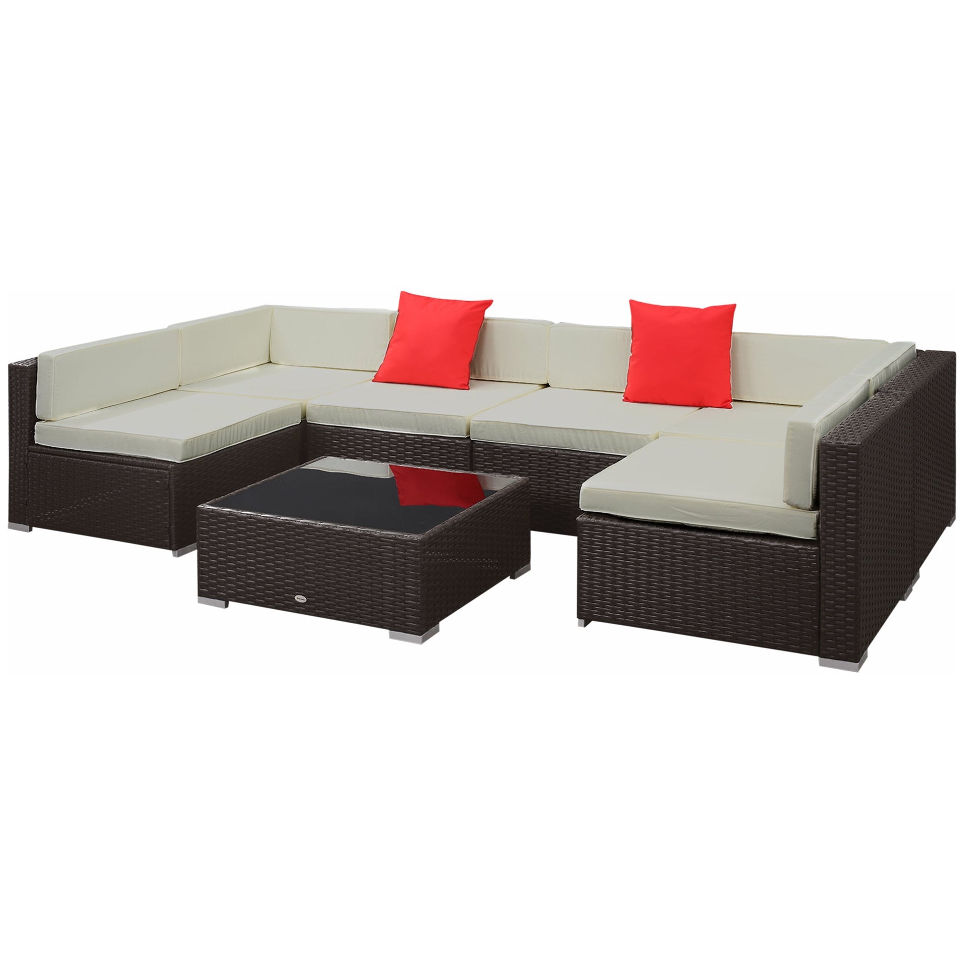 7 Piece Patio Furniture Set, PE Rattan Outdoor Conversation Set with Sectional Sofa, Glass Tabletop, Cushions and Pillows for Garden, Lawn, Deck, Coffee and Cream White