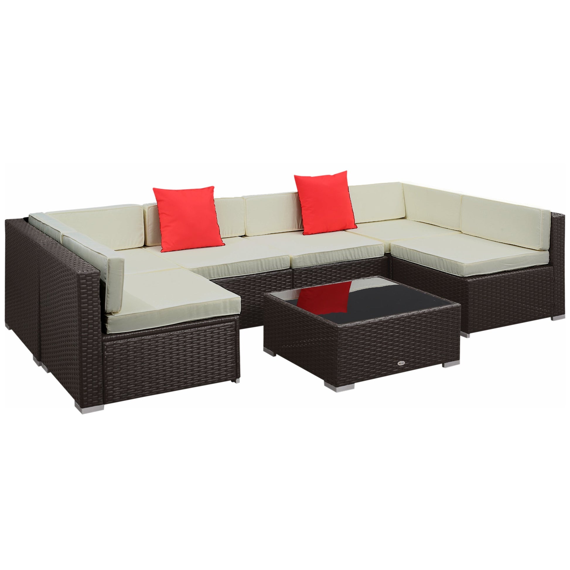 7 Piece Patio Furniture Set, PE Rattan Outdoor Conversation Set with Sectional Sofa, Glass Tabletop, Cushions and Pillows for Garden, Lawn, Deck, Coffee and Cream White