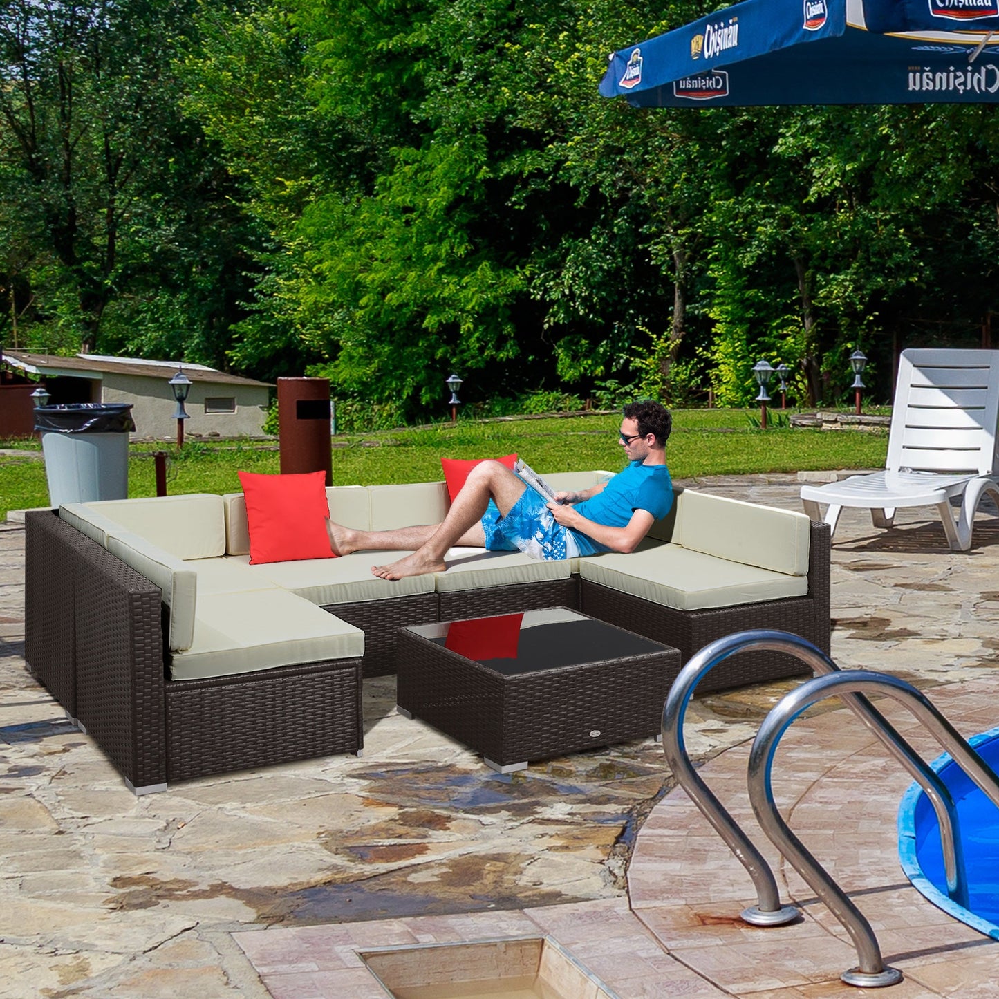7 Piece Patio Furniture Set, PE Rattan Outdoor Conversation Set with Sectional Sofa, Glass Tabletop, Cushions and Pillows for Garden, Lawn, Deck, Coffee and Cream White