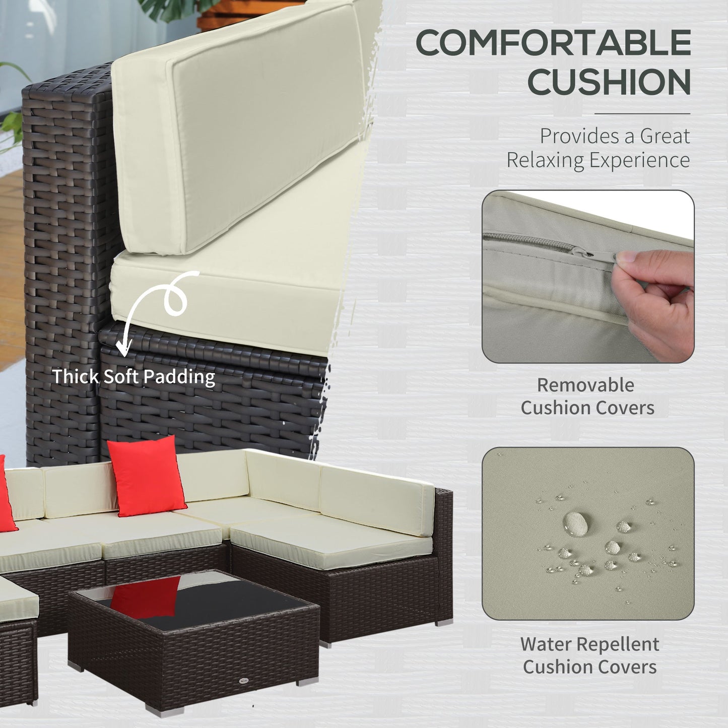 7 Piece Patio Furniture Set, PE Rattan Outdoor Conversation Set with Sectional Sofa, Glass Tabletop, Cushions and Pillows for Garden, Lawn, Deck, Coffee and Cream White