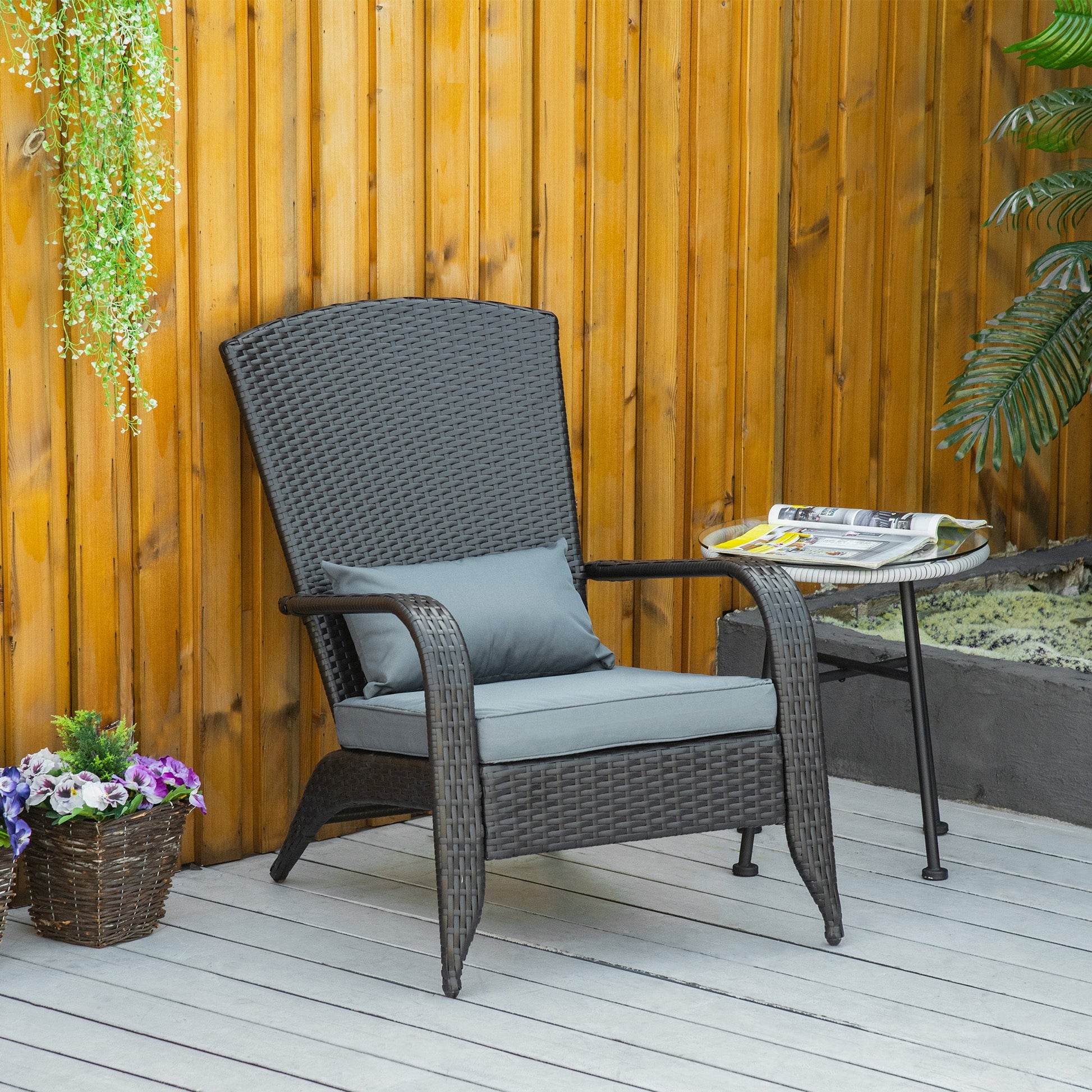 Patio Wicker Adirondack Chair, PE Rattan Outdoor Muskoka Chair, Fire Pit Chair with Cushions for Patio, Garden, Backyard, Poolside, Balcony, Deck, Light Grey