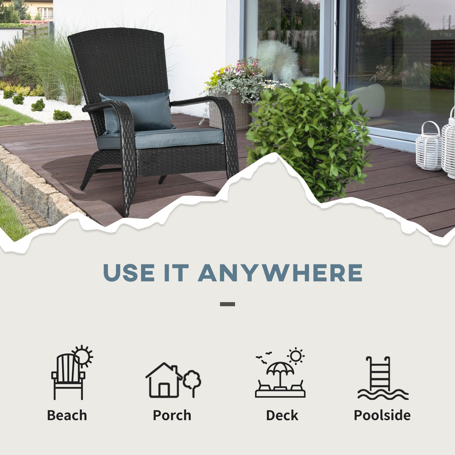 Patio Wicker Adirondack Chair, PE Rattan Outdoor Muskoka Chair, Fire Pit Chair with Cushions for Patio, Garden, Backyard, Poolside, Balcony, Deck, Light Grey