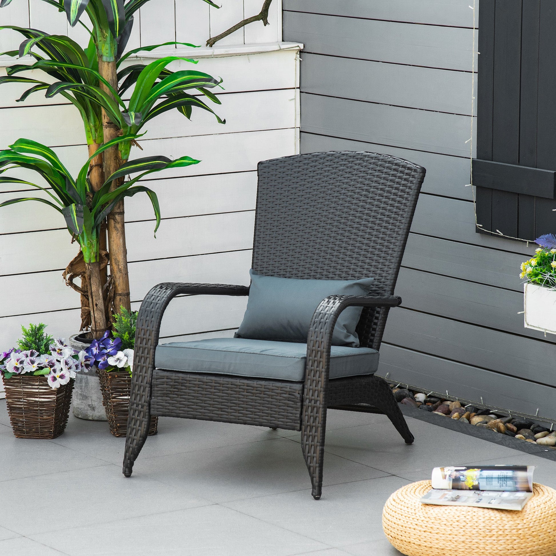 Patio Wicker Adirondack Chair, PE Rattan Outdoor Muskoka Chair, Fire Pit Chair with Cushions for Patio, Garden, Backyard, Poolside, Balcony, Deck, Light Grey